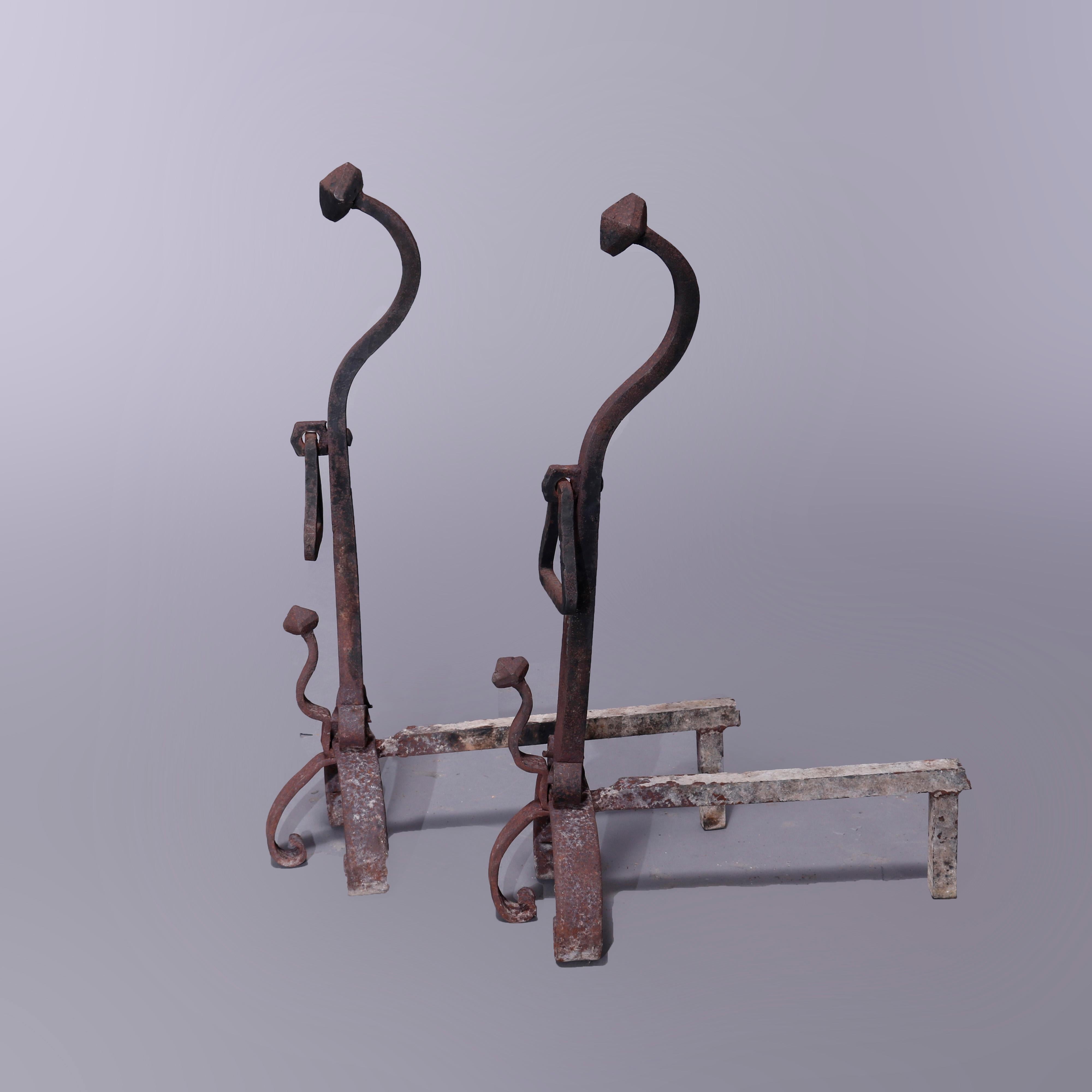 Arts and Crafts Antique Large Arts & Crafts Yellin School Wrought Iron Andirons, Circa 1900 For Sale