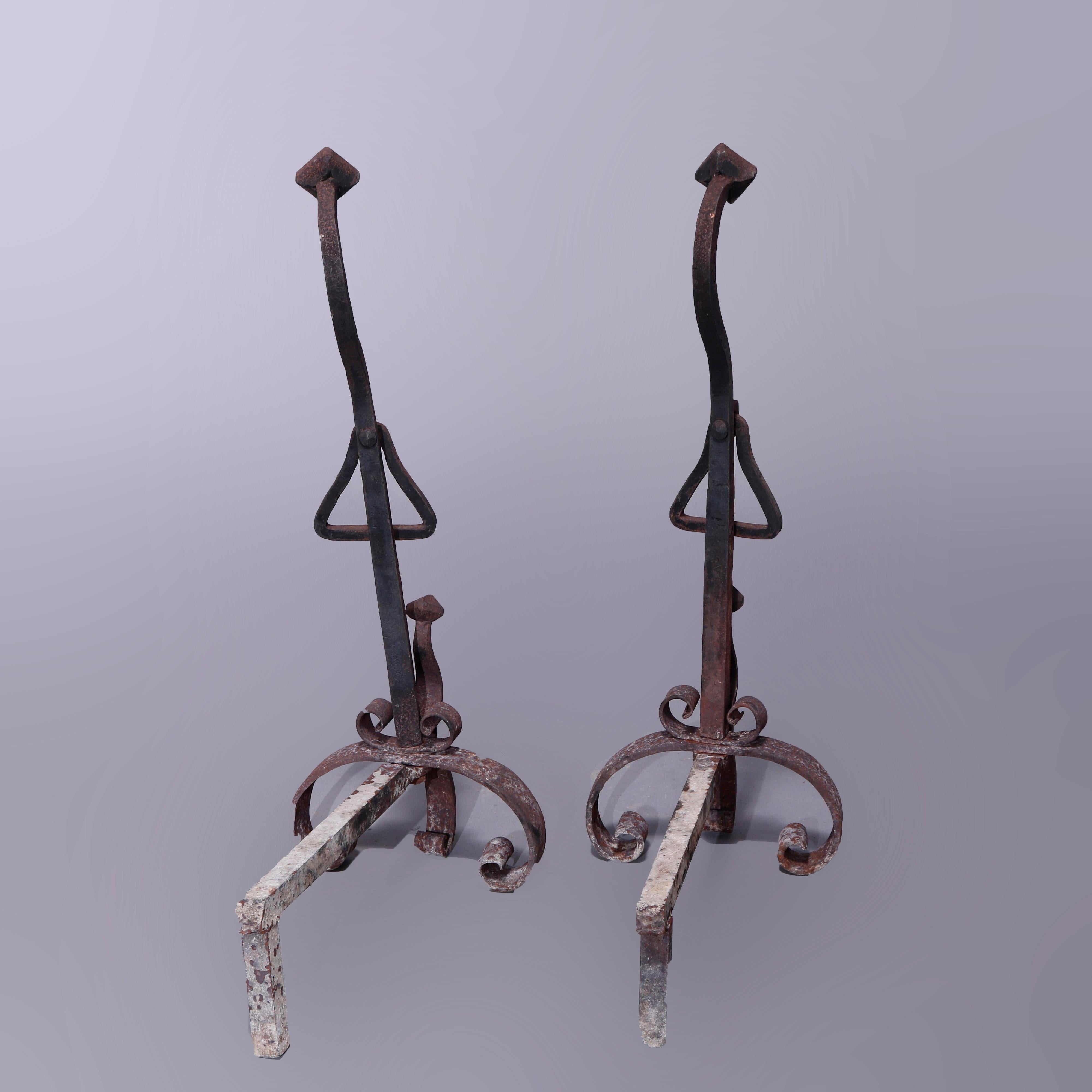 American Antique Large Arts & Crafts Yellin School Wrought Iron Andirons, Circa 1900 For Sale