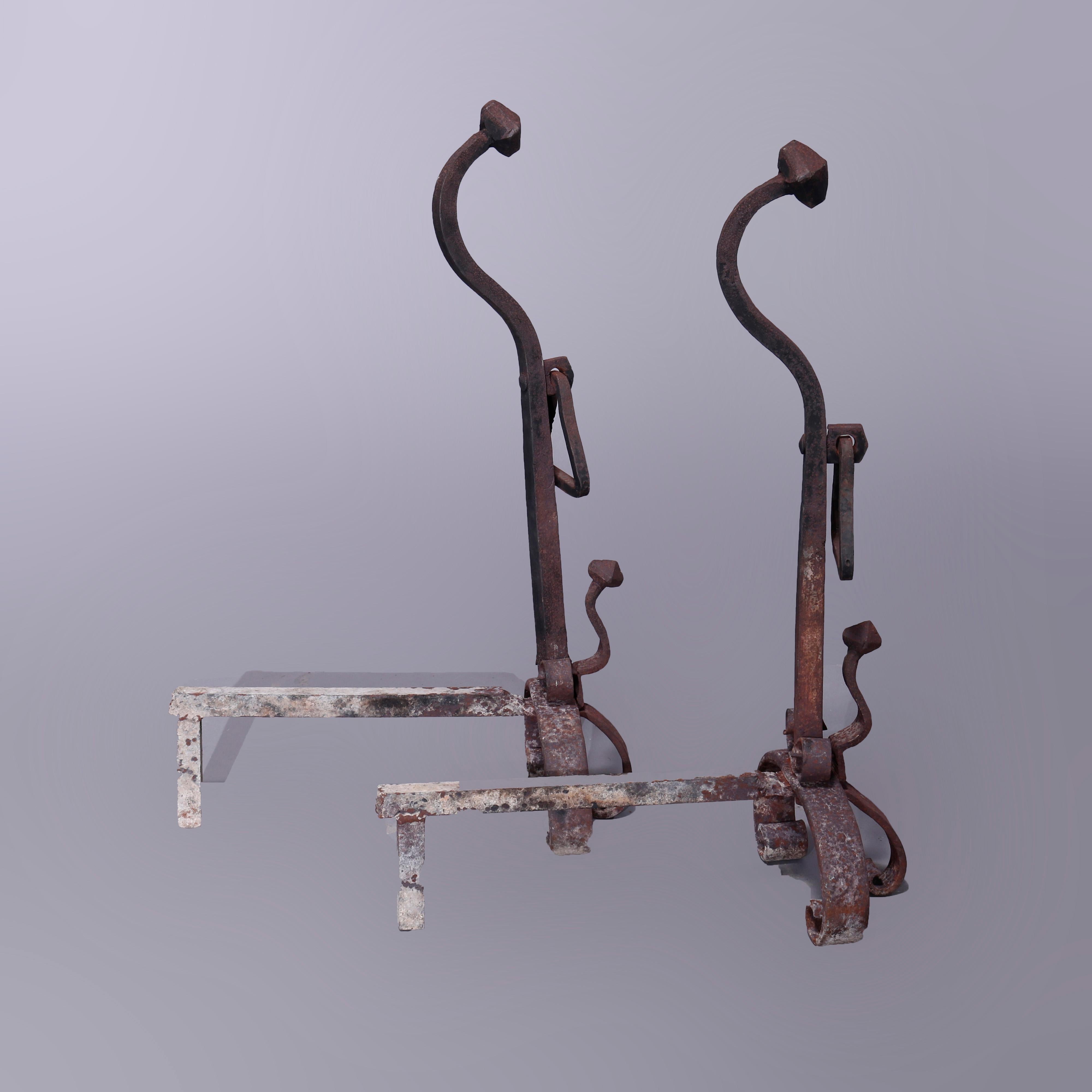 Antique Large Arts & Crafts Yellin School Wrought Iron Andirons, Circa 1900 In Good Condition For Sale In Big Flats, NY