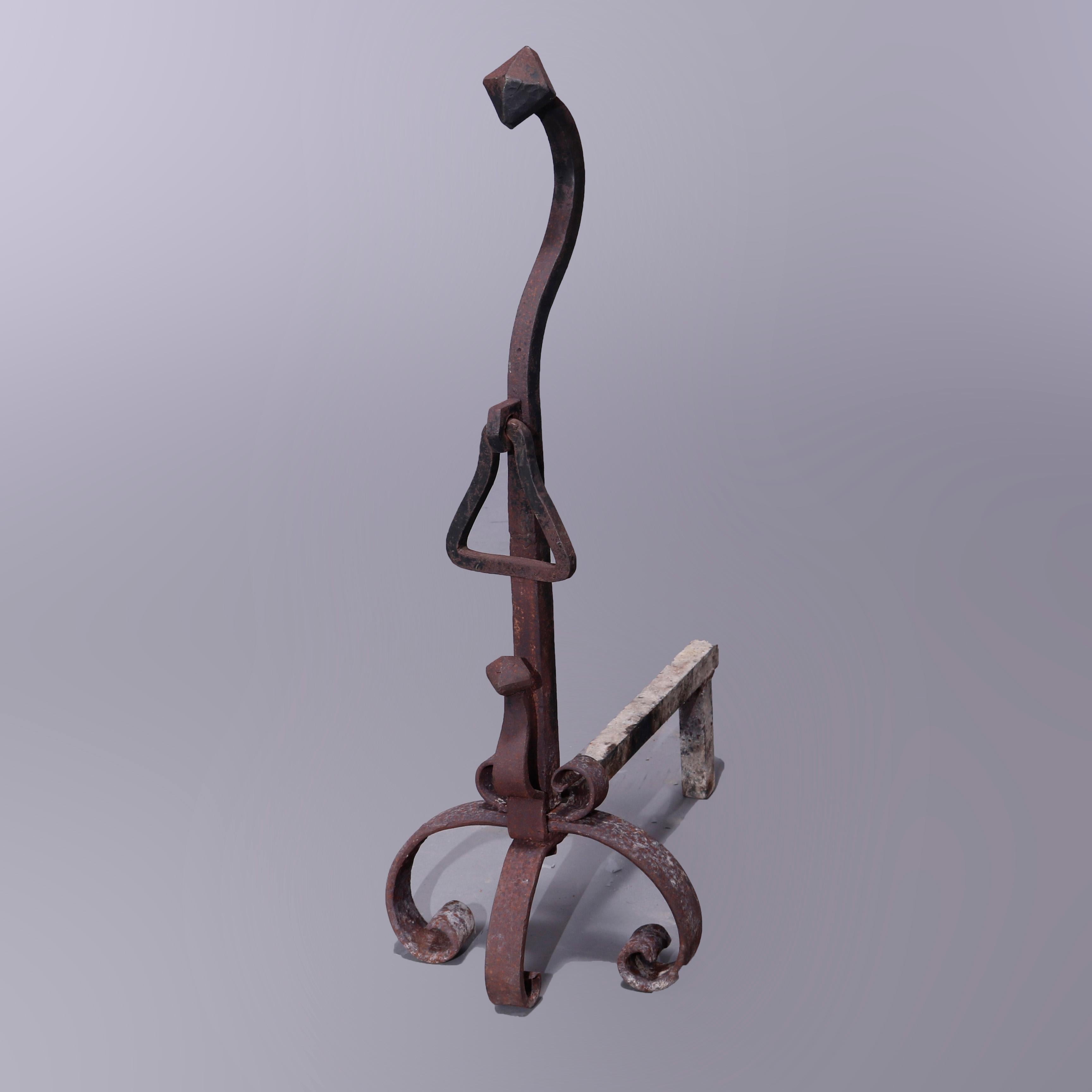 20th Century Antique Large Arts & Crafts Yellin School Wrought Iron Andirons, Circa 1900 For Sale