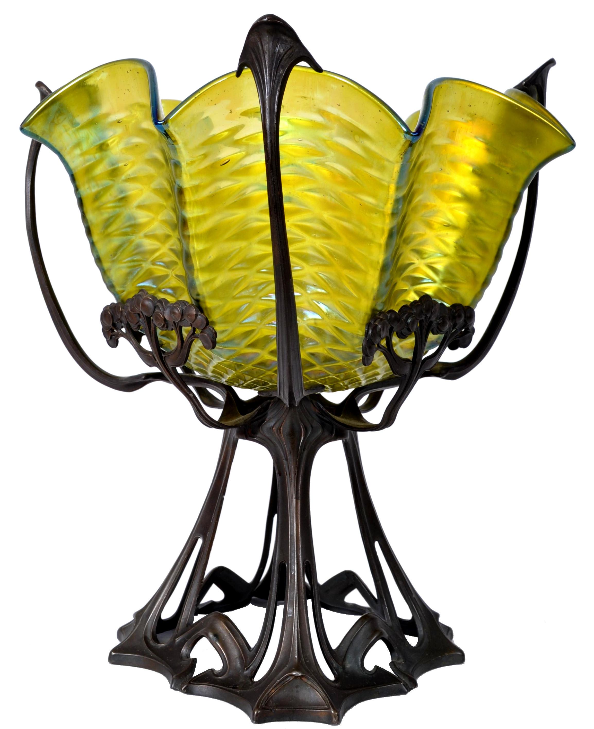 Early 20th Century Antique Large Austrian Art Nouveau Loetz Iridescent Glass Bowl Bronze Stand 1900