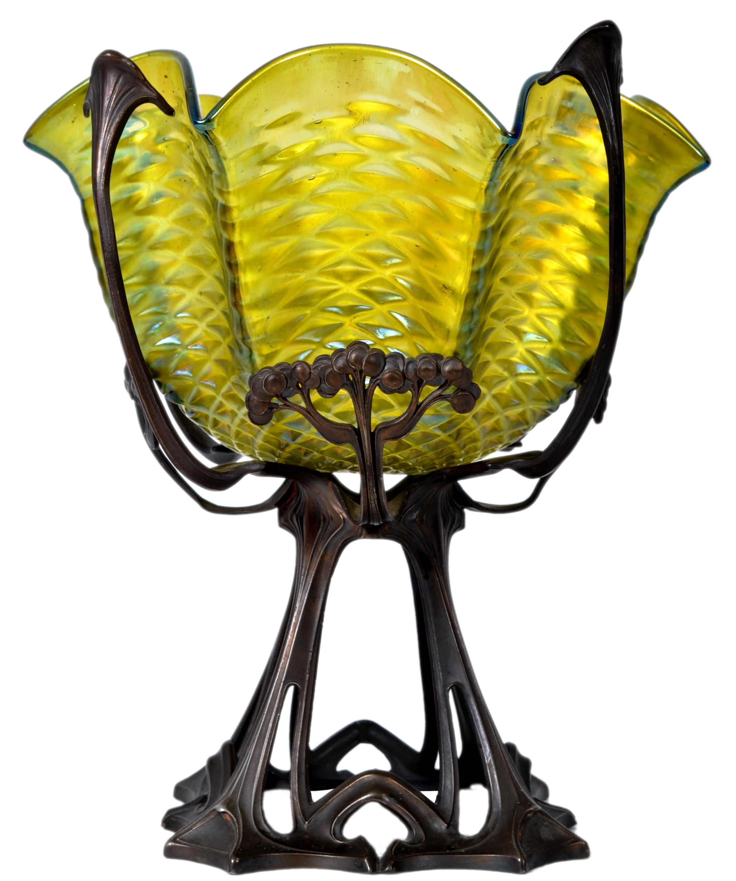 Antique Large Austrian Art Nouveau Loetz Iridescent Glass Bowl Bronze Stand 1900 2