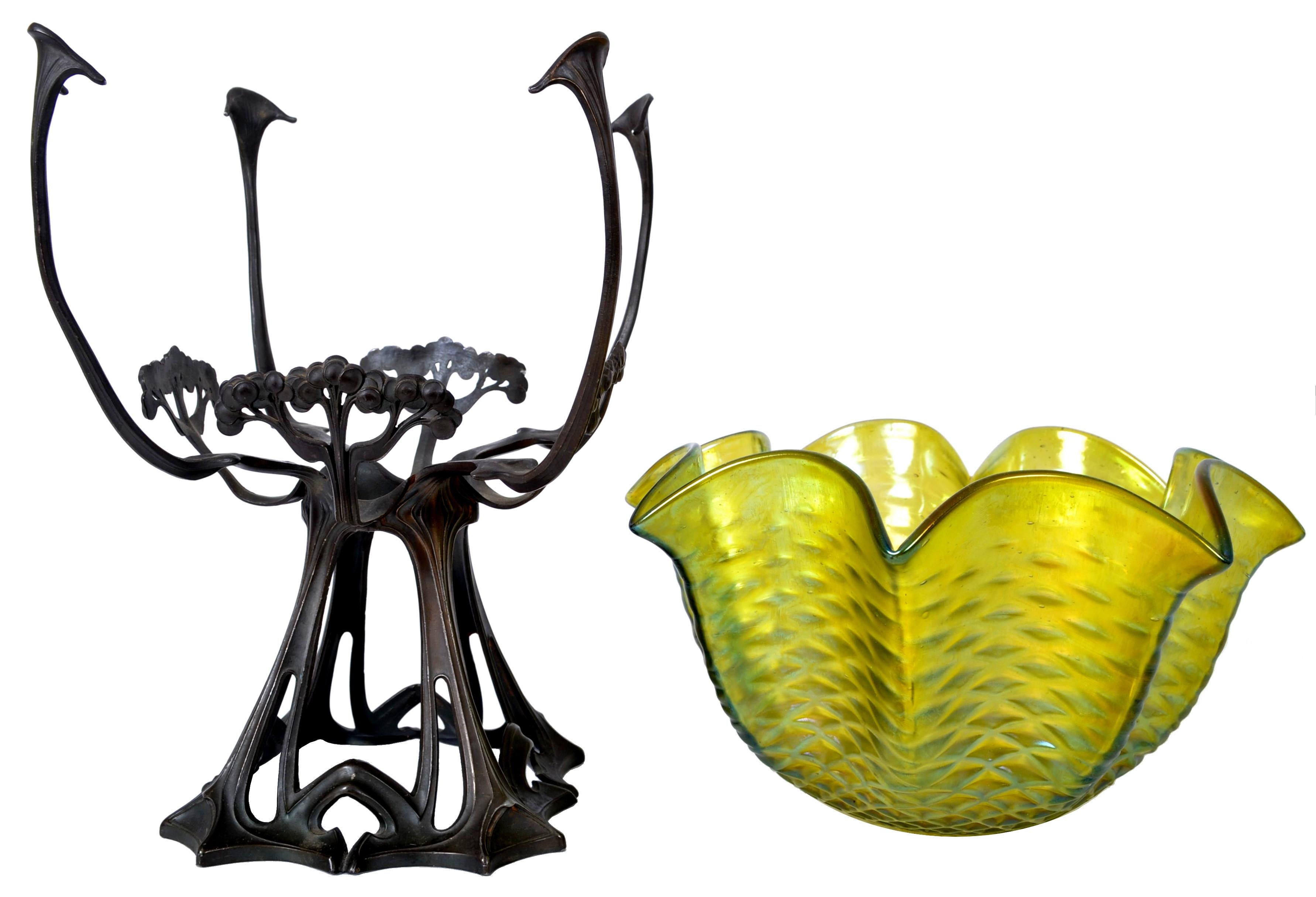 Antique Large Austrian Art Nouveau Loetz Iridescent Glass Bowl Bronze Stand 1900 3