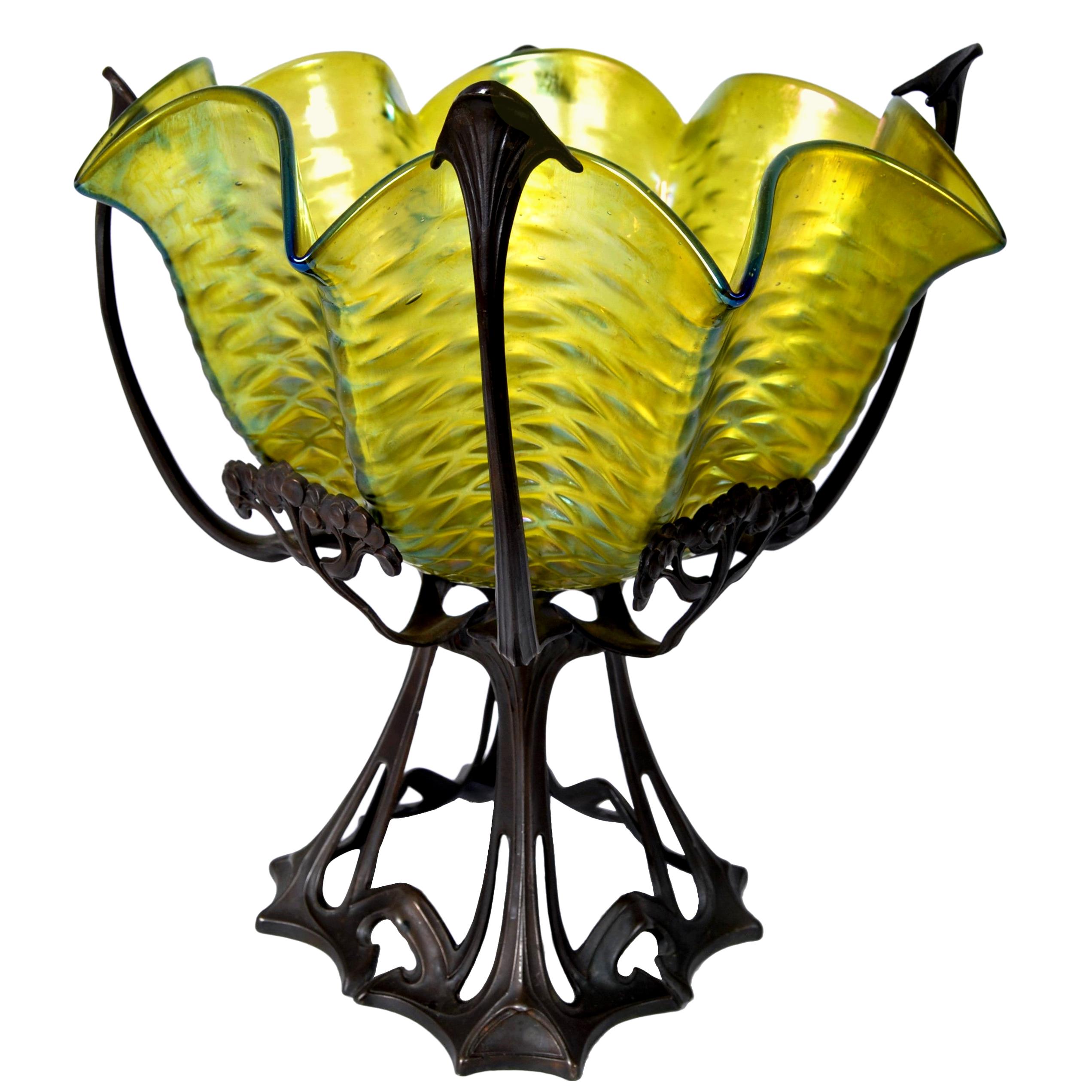 Antique Large Austrian Art Nouveau Loetz Iridescent Glass Bowl Bronze Stand 1900