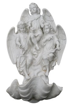 Antique Large Bisque Porcelain Holy Water Font with Angels