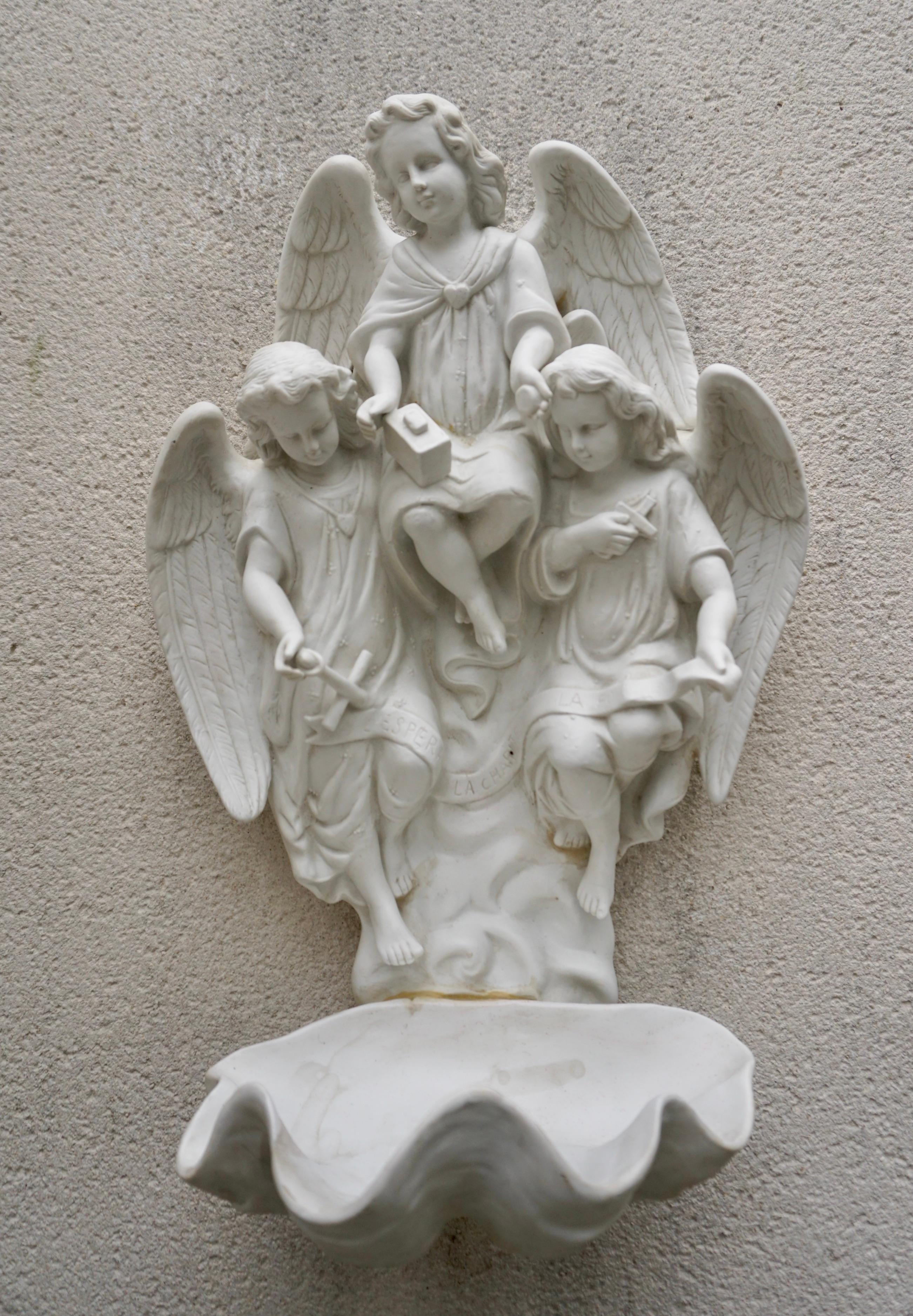 Antique Large Bisque Porcelain Holy Water Font with Angels For Sale 3