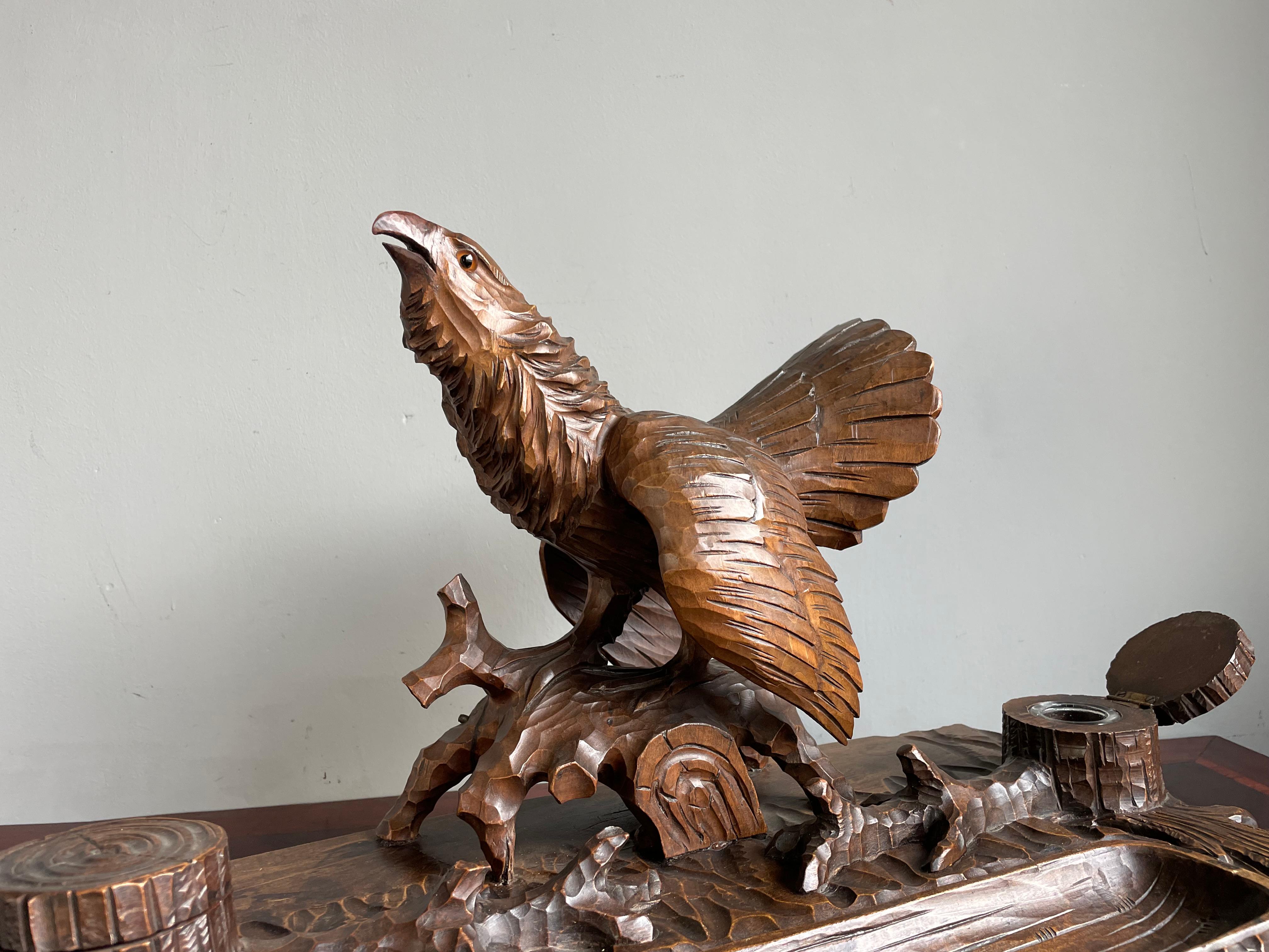 European Antique & Large Black Forest Inkstand w. Capercaillie / Wood Grouse Sculpture For Sale