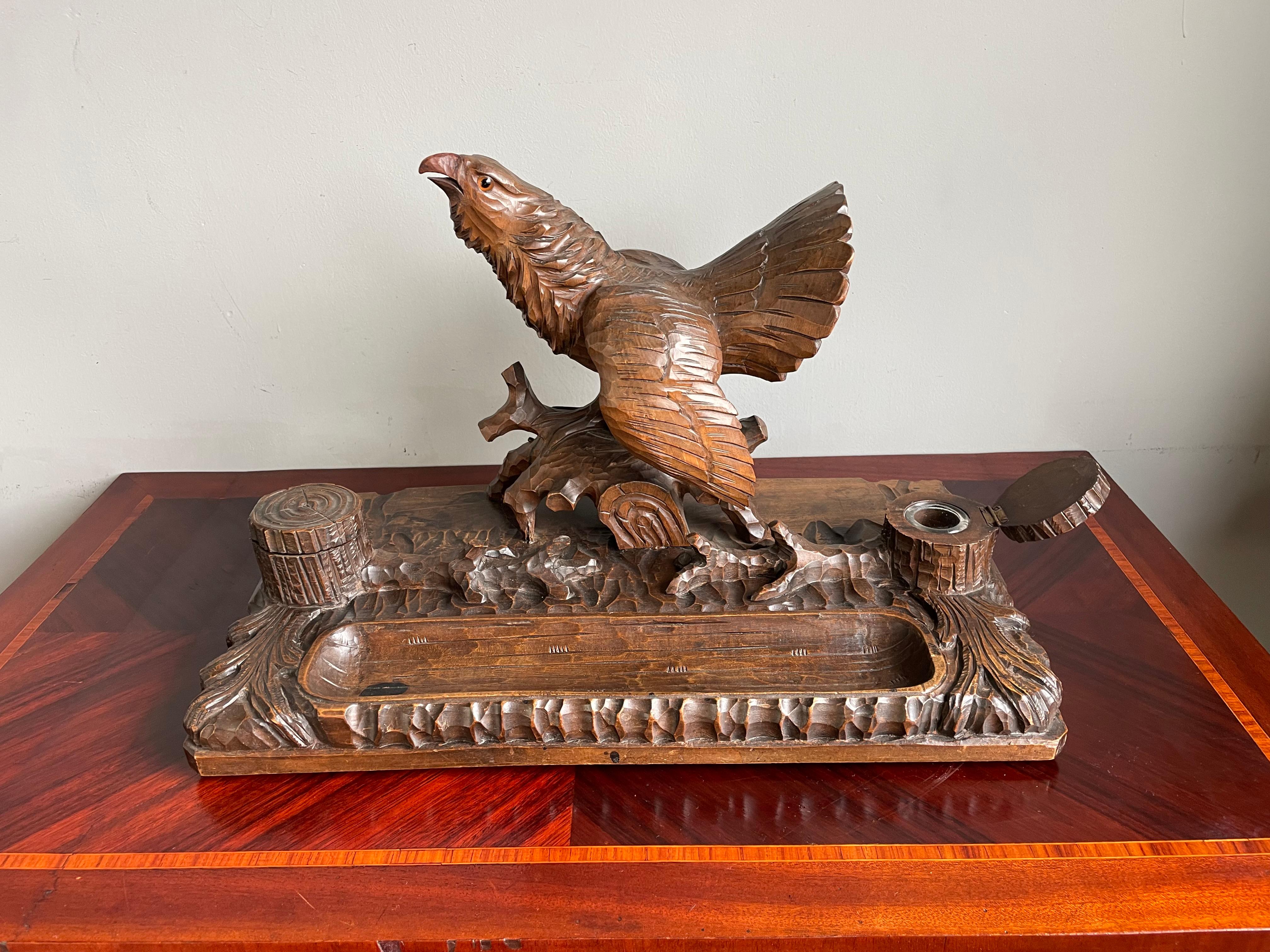 Brass Antique & Large Black Forest Inkstand w. Capercaillie / Wood Grouse Sculpture For Sale