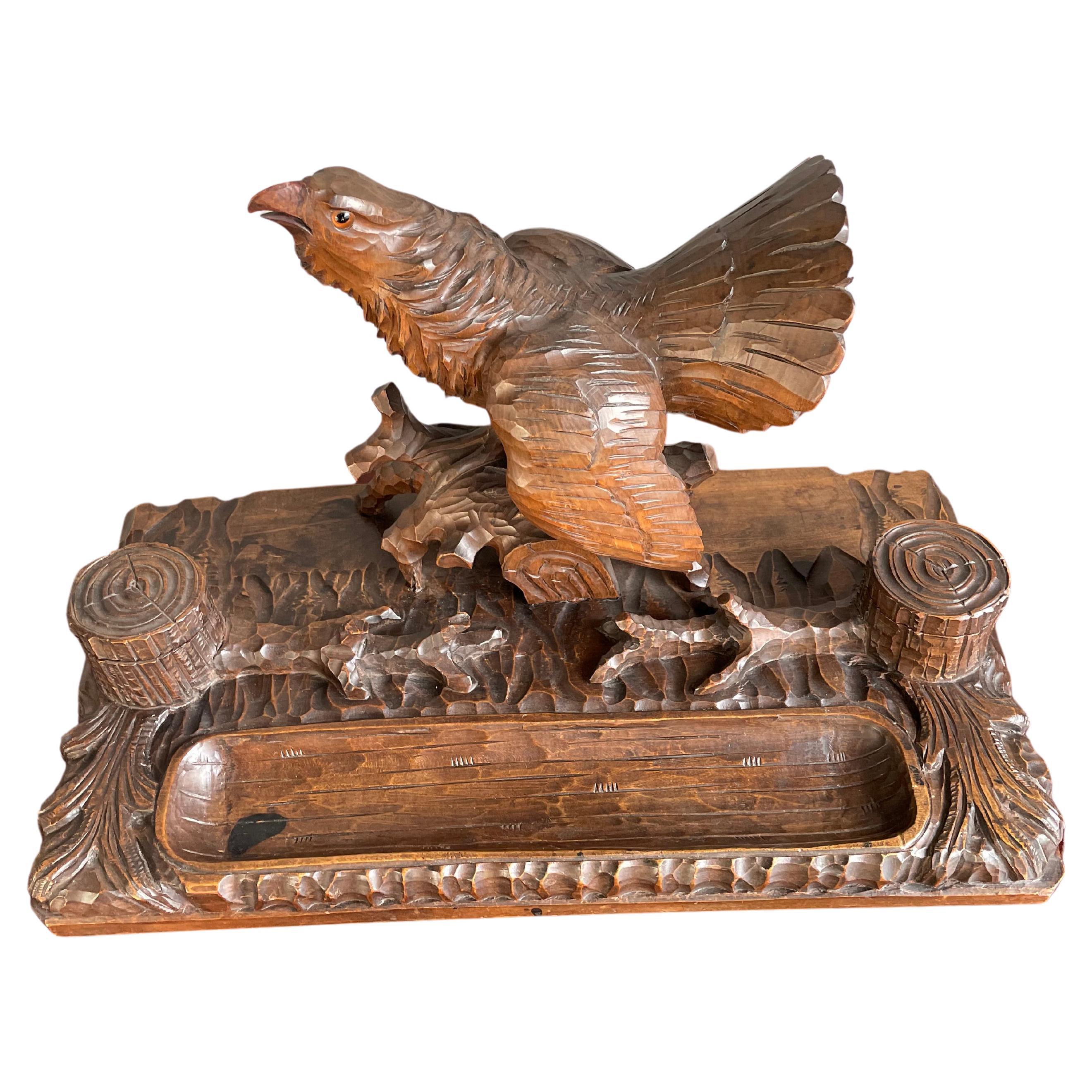 Antique & Large Black Forest Inkstand w. Capercaillie / Wood Grouse Sculpture For Sale