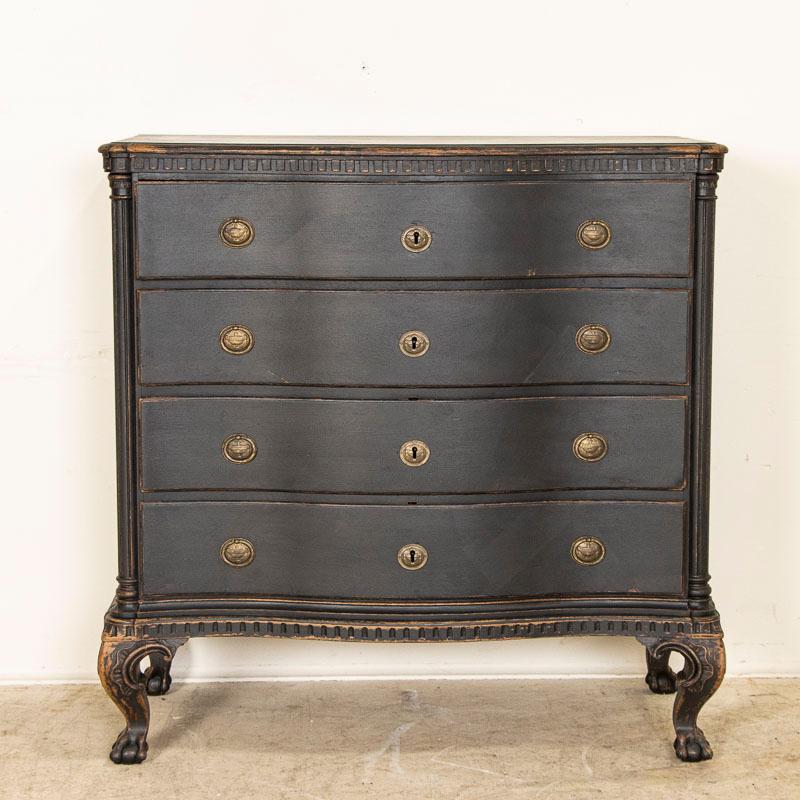 Antique Large Black Painted Oak Chest of 4 Drawers With Serpentine Front, Denmark In Good Condition In Round Top, TX