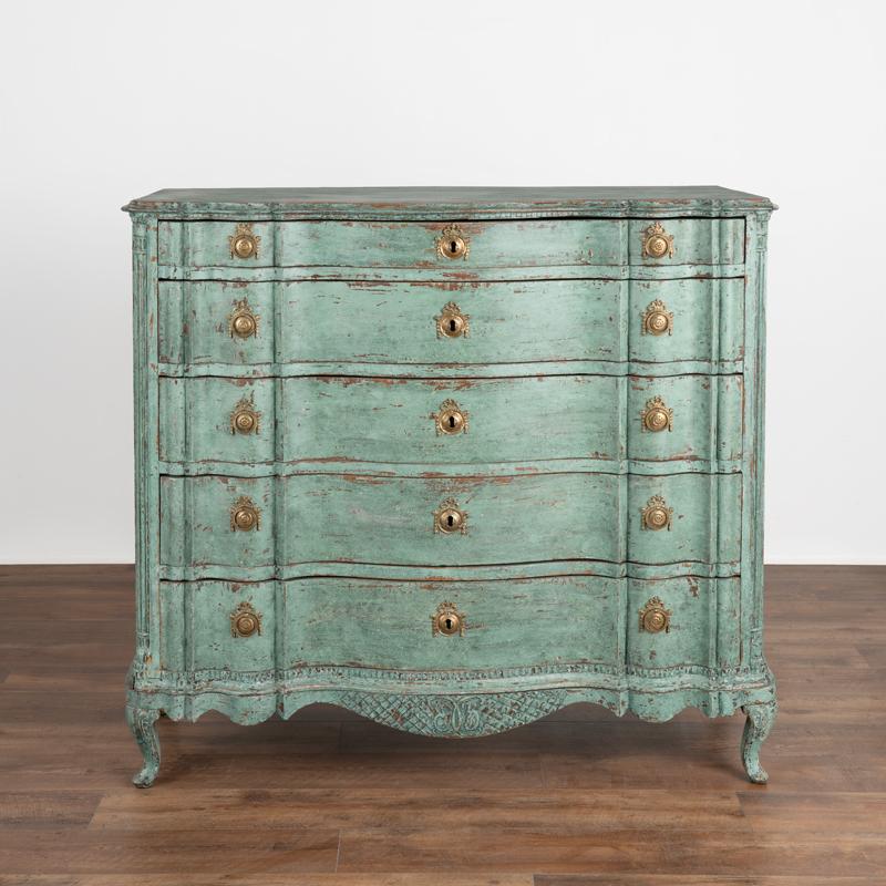 Antique Large Blue Pained Rococo Chest of Drawers from Denmark In Good Condition For Sale In Round Top, TX
