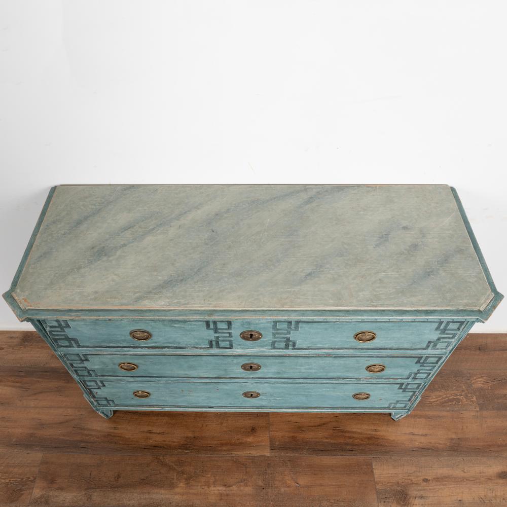 Antique Large Blue Painted Chest of 3 Drawers, Greek Key Motif, Sweden, 1840-60 2