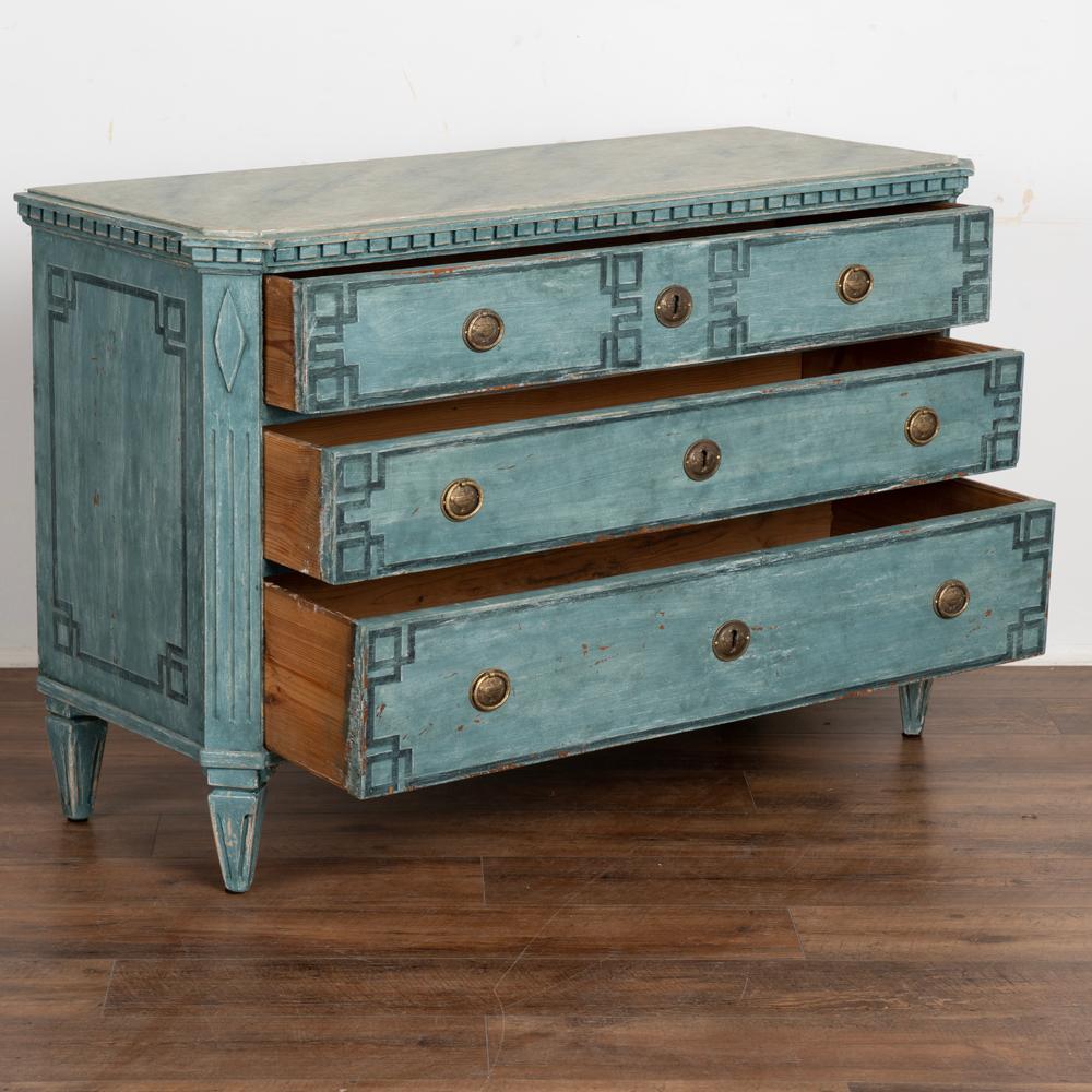 Gustavian Antique Large Blue Painted Chest of 3 Drawers, Greek Key Motif, Sweden, 1840-60