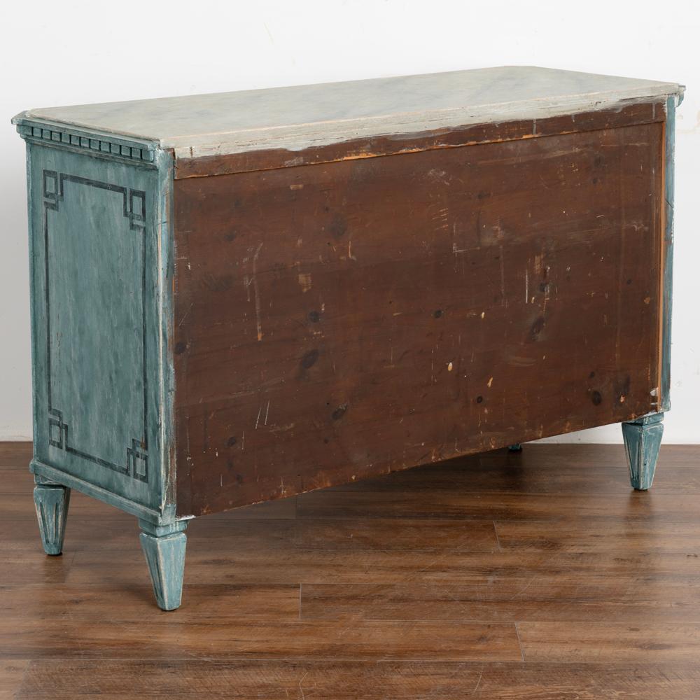Hand-Crafted Antique Large Blue Painted Chest of 3 Drawers, Greek Key Motif, Sweden, 1840-60