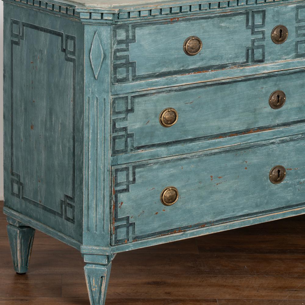 Antique Large Blue Painted Chest of 3 Drawers, Greek Key Motif, Sweden, 1840-60 In Good Condition In Round Top, TX