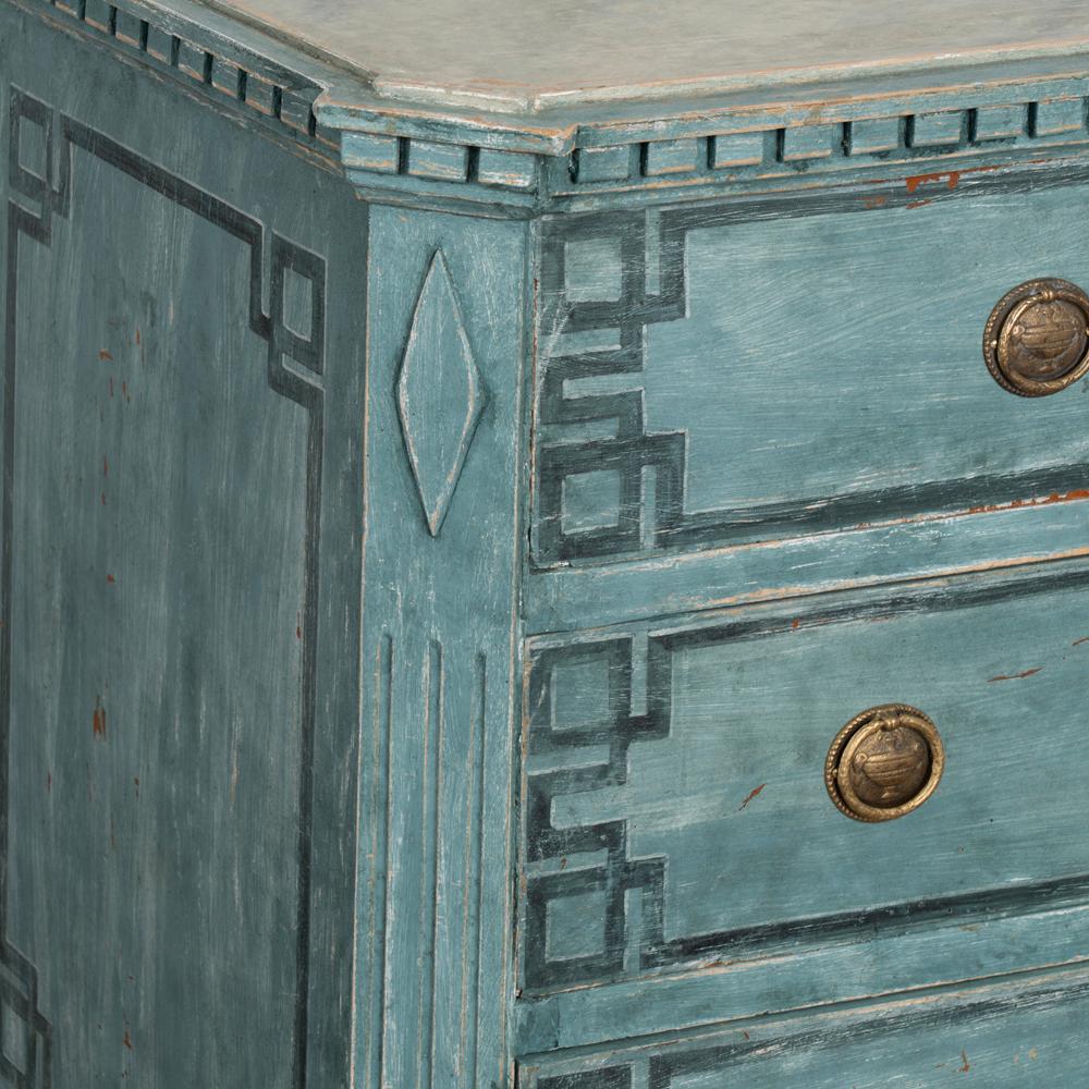 19th Century Antique Large Blue Painted Chest of 3 Drawers, Greek Key Motif, Sweden, 1840-60