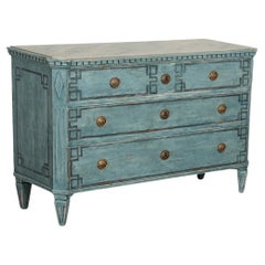 Antique Large Blue Painted Chest of 3 Drawers, Greek Key Motif, Sweden, 1840-60