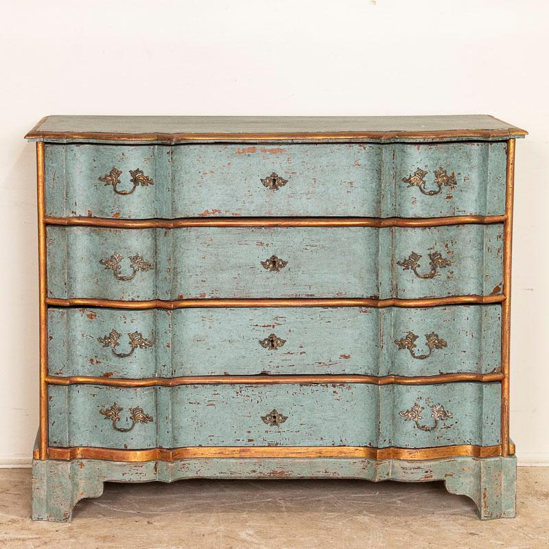 Swedish Antique Large Blue Painted Chest of Drawers with Gold Trim, Sweden