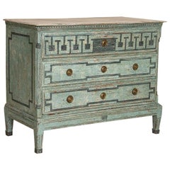 Antique Large Blue Painted Swedish Chest of Drawers with Greek Key Design