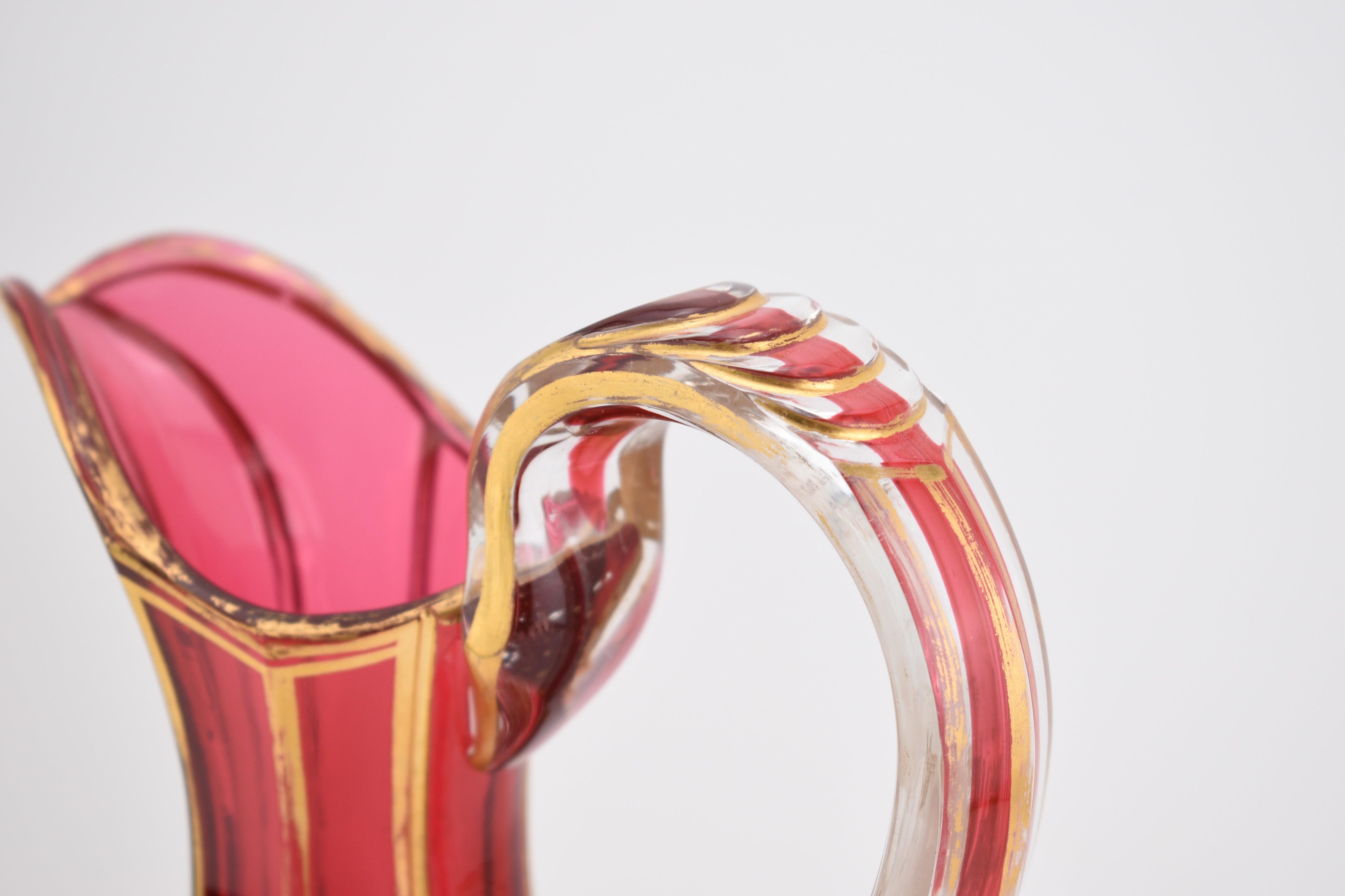 Antique Large Bohemian Gilt Cranberry Glass Pitcher, Jug, 19th Century For Sale 1