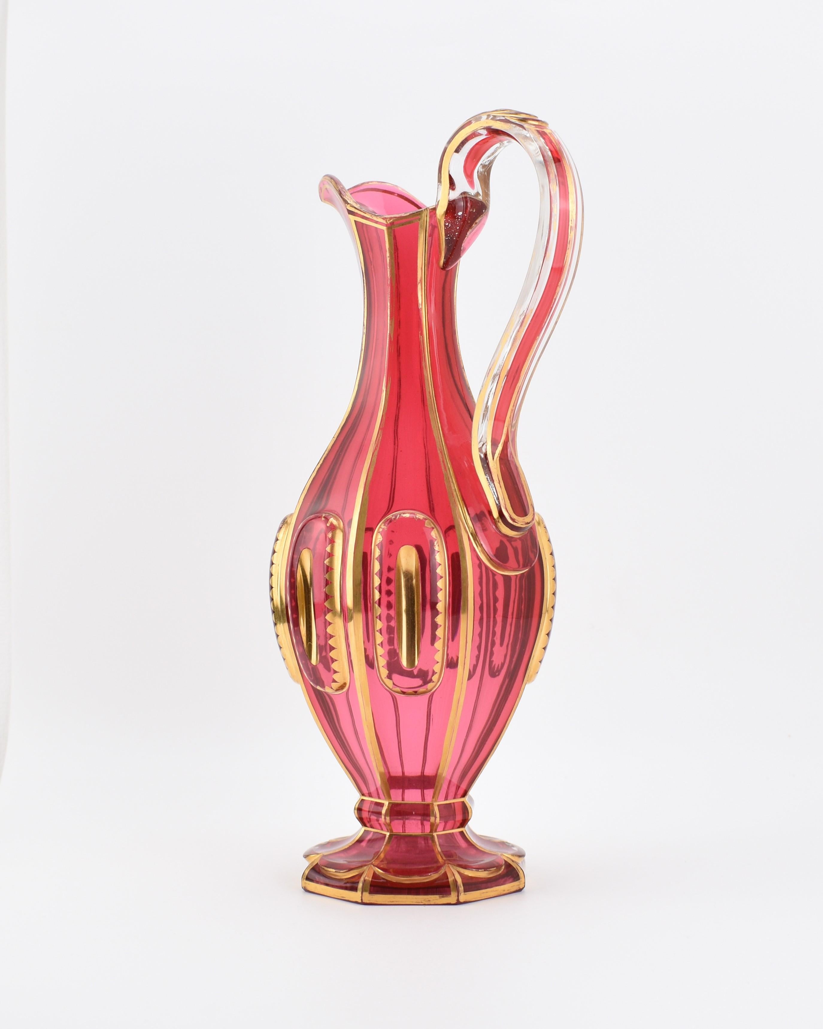 Antique Large Bohemian Gilt Cranberry Glass Pitcher, Jug, 19th Century In Good Condition For Sale In Rostock, MV