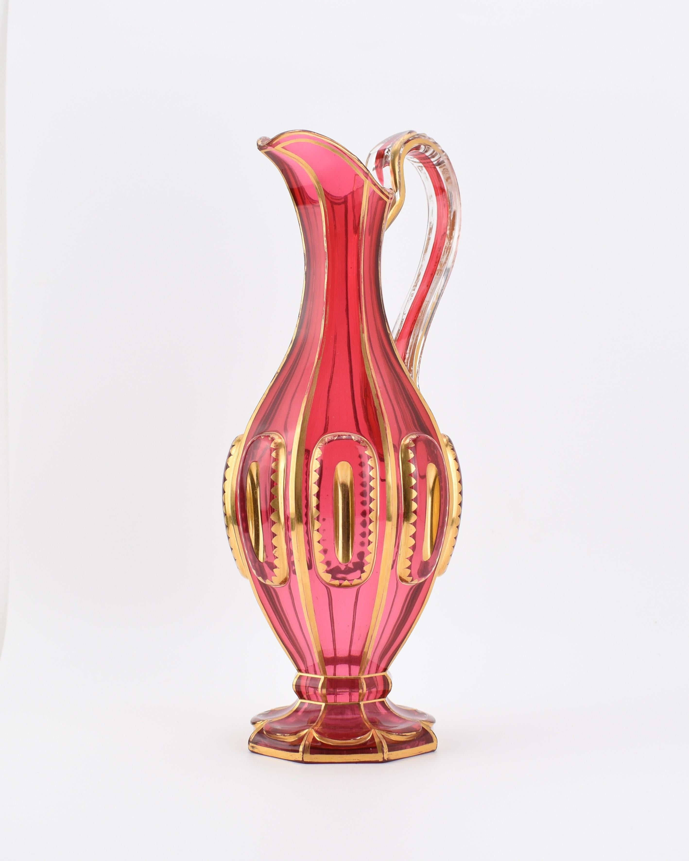 Crystal Antique Large Bohemian Gilt Cranberry Glass Pitcher, Jug, 19th Century For Sale