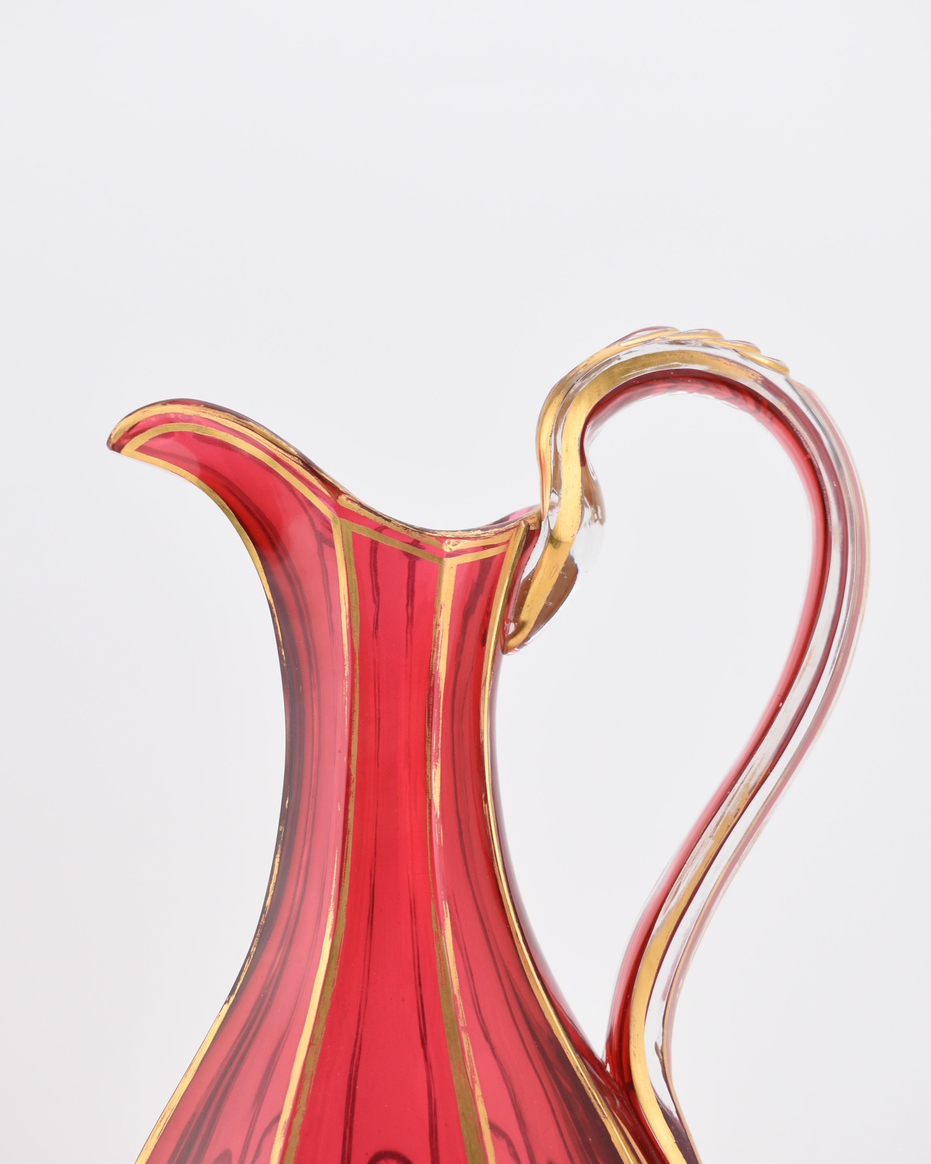 Antique Large Bohemian Gilt Cranberry Glass Pitcher, Jug, 19th Century For Sale 2