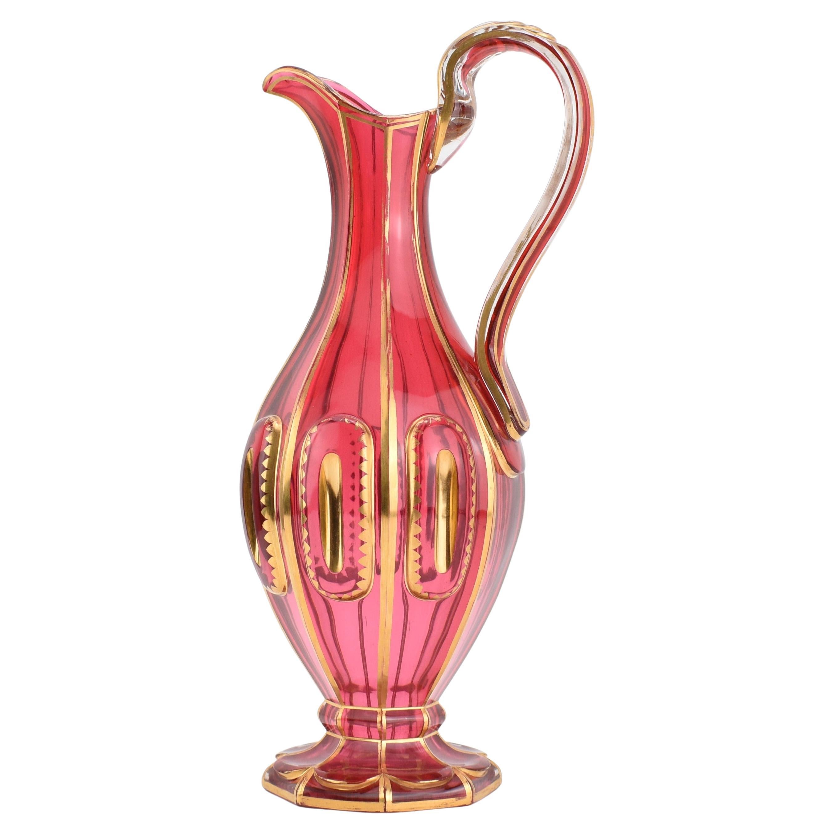 Antique Large Bohemian Gilt Cranberry Glass Pitcher, Jug, 19th Century