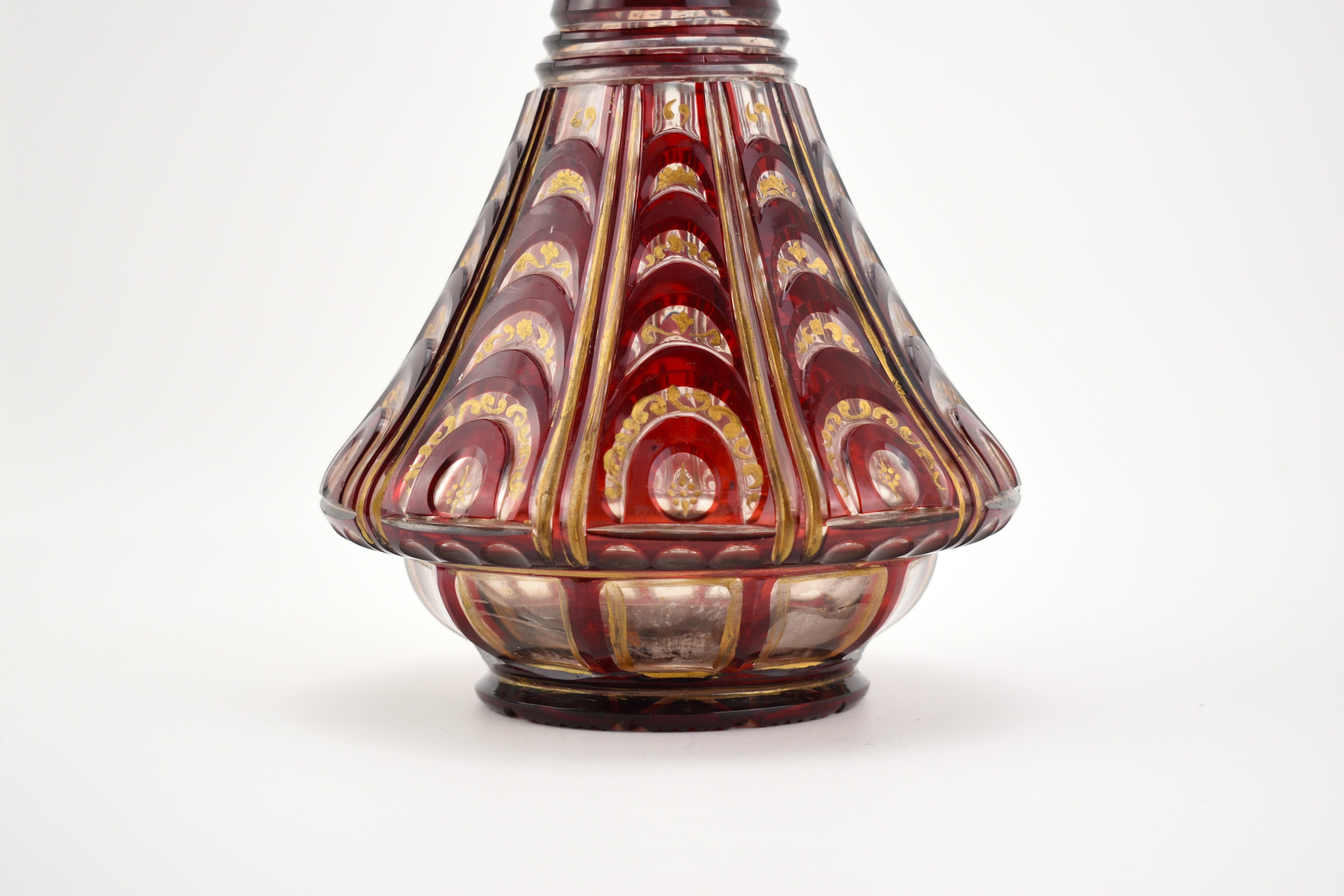 Antique Large Bohemian Ruby Red Enameled Overlay Glass Decanter, 19th Century In Good Condition For Sale In Rostock, MV