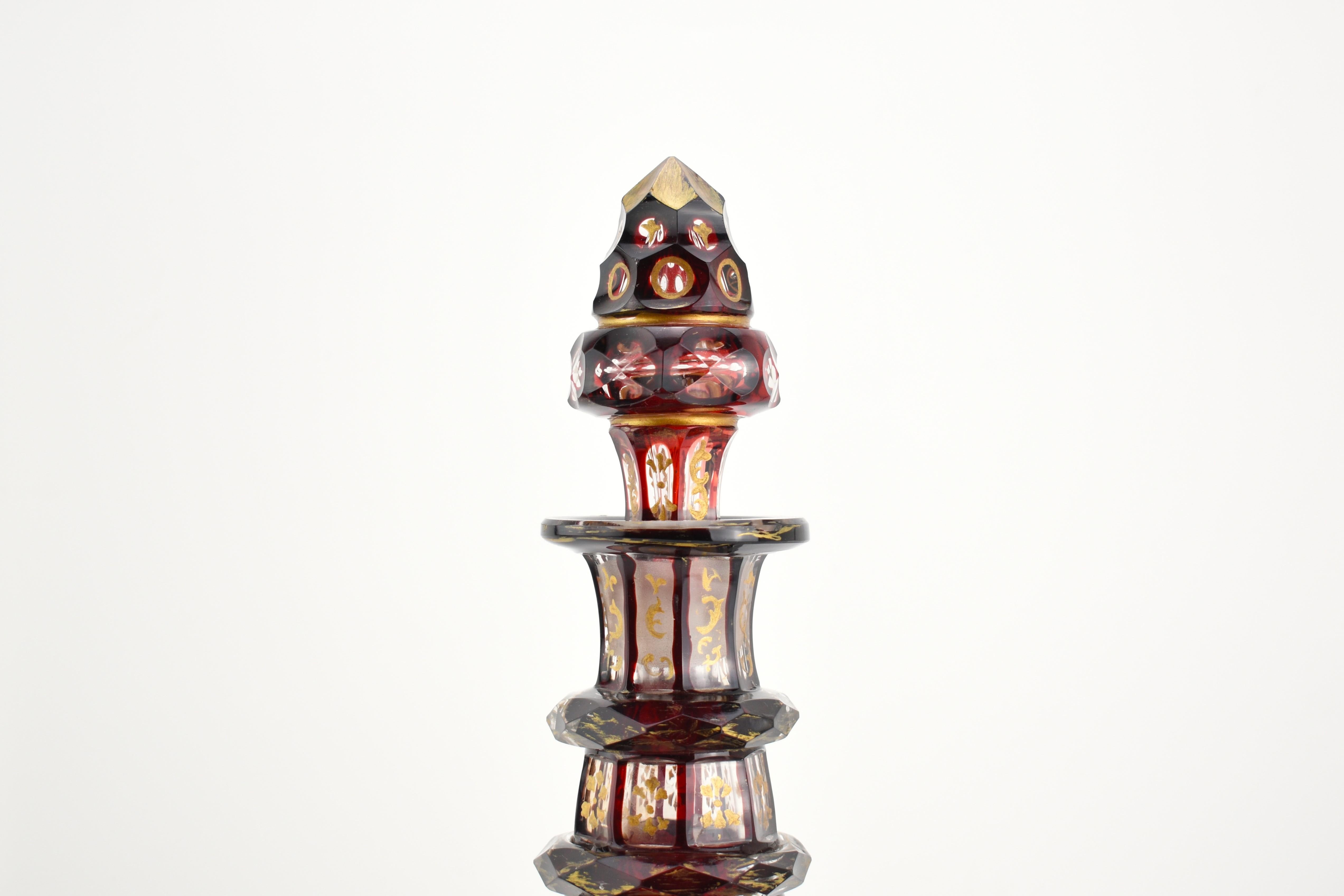 Crystal Antique Large Bohemian Ruby Red Enameled Overlay Glass Decanter, 19th Century For Sale