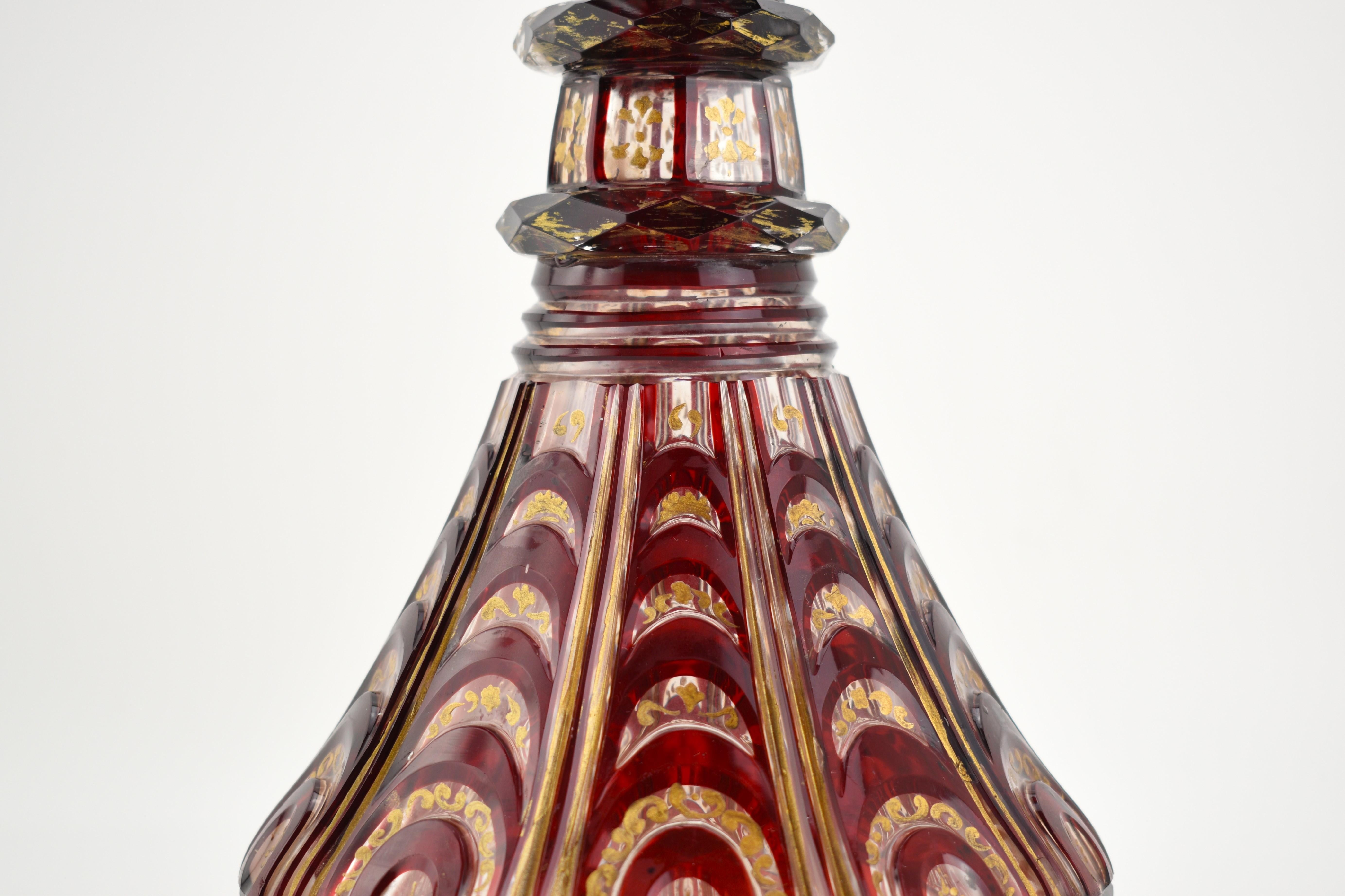 Antique Large Bohemian Ruby Red Enameled Overlay Glass Decanter, 19th Century For Sale 1