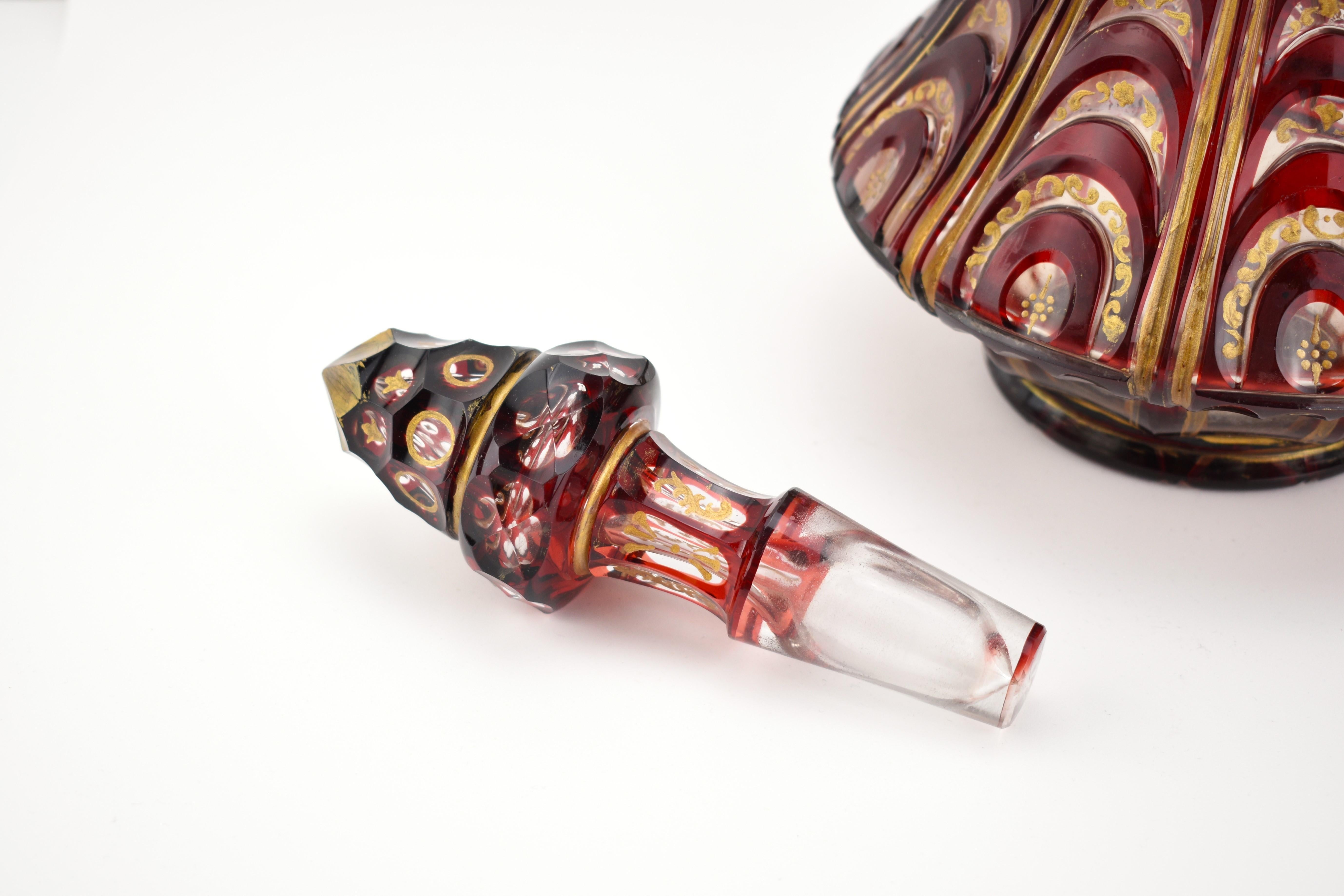 Antique Large Bohemian Ruby Red Enameled Overlay Glass Decanter, 19th Century For Sale 2