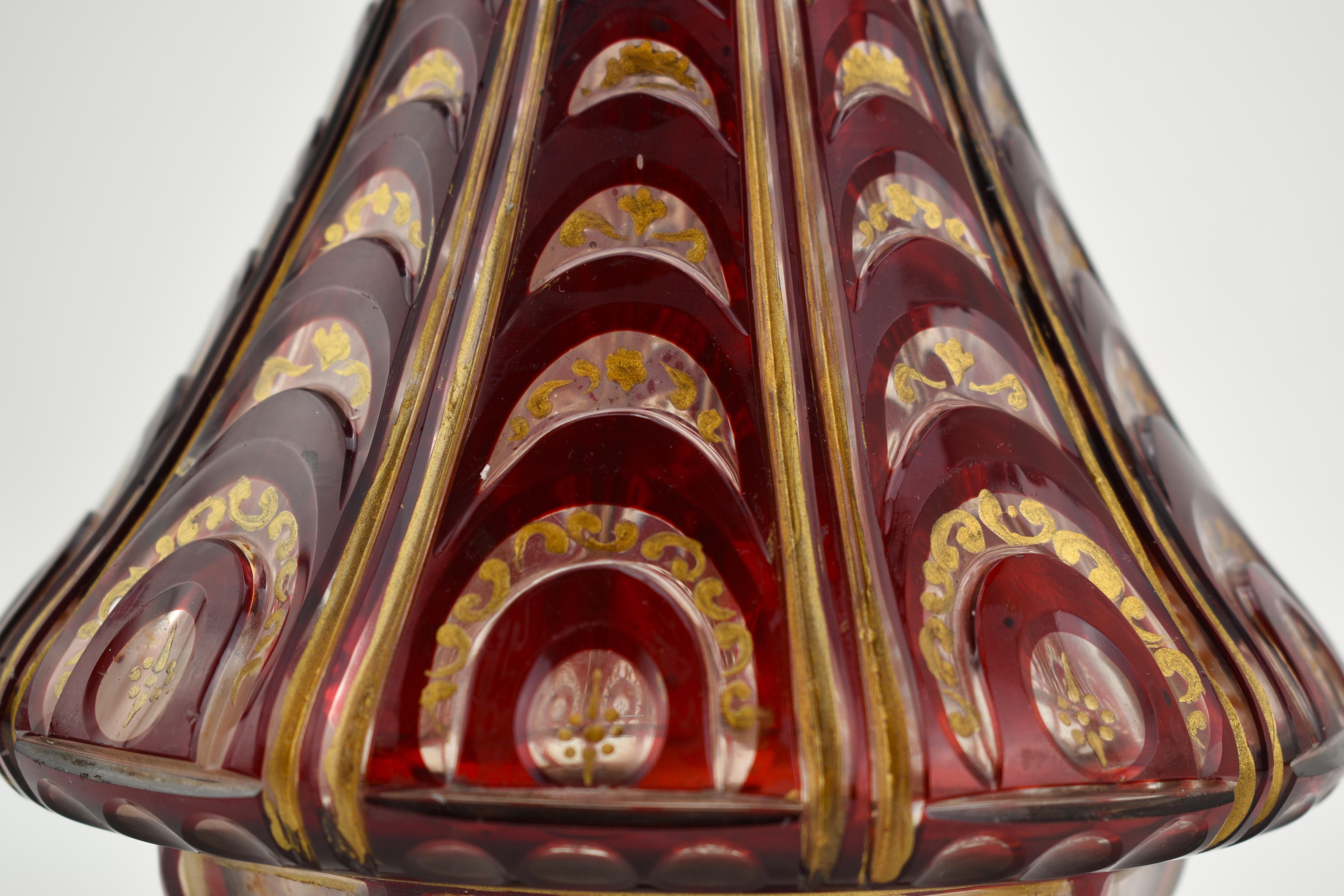 Antique Large Bohemian Ruby Red Enameled Overlay Glass Decanter, 19th Century For Sale 3