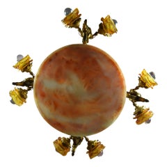 Antique Large Brass and Alabaster Center Cherub Pendant Chandelier 10-Light