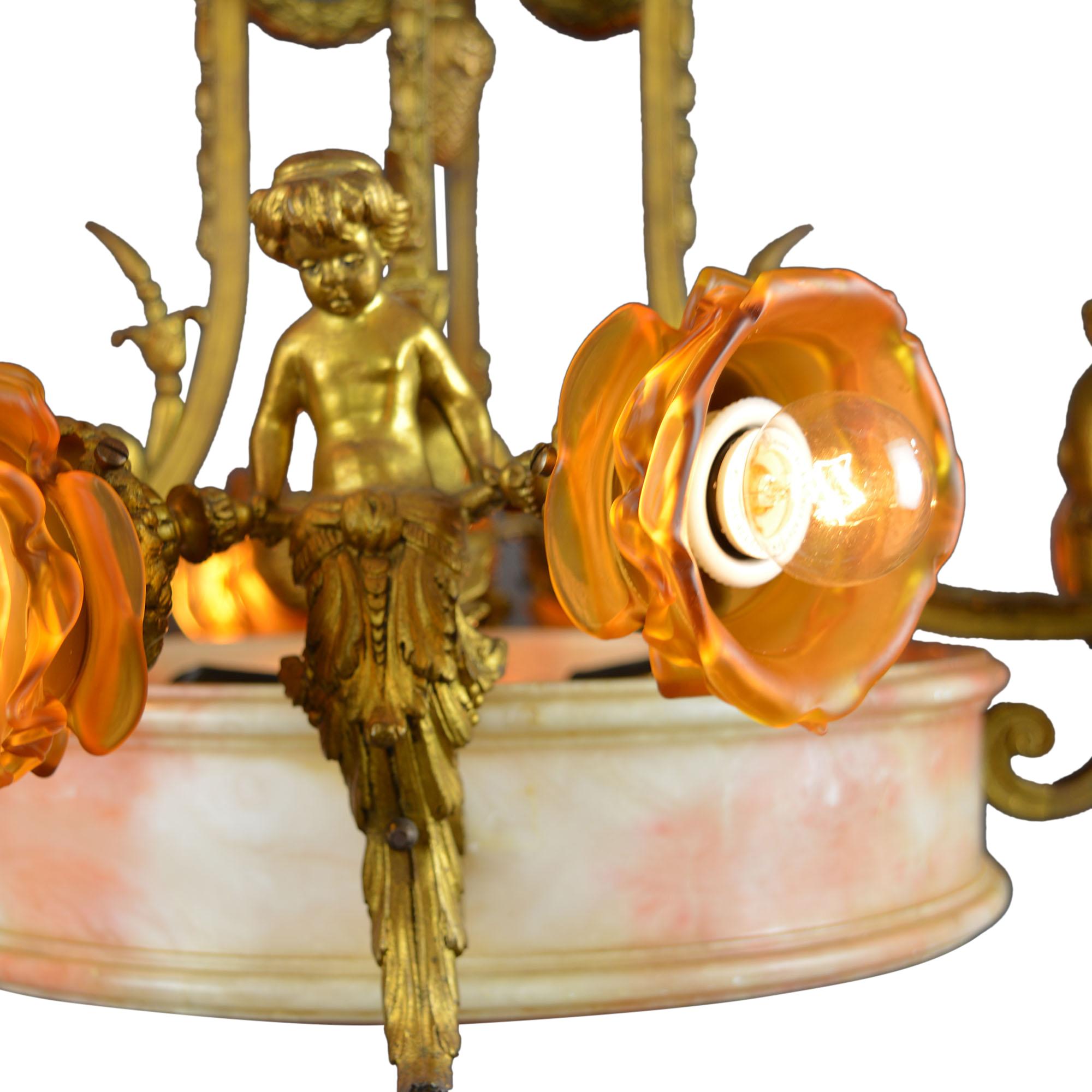 European Antique Large Brass and Alabaster Center Cherub Pendant Chandelier 10-Light