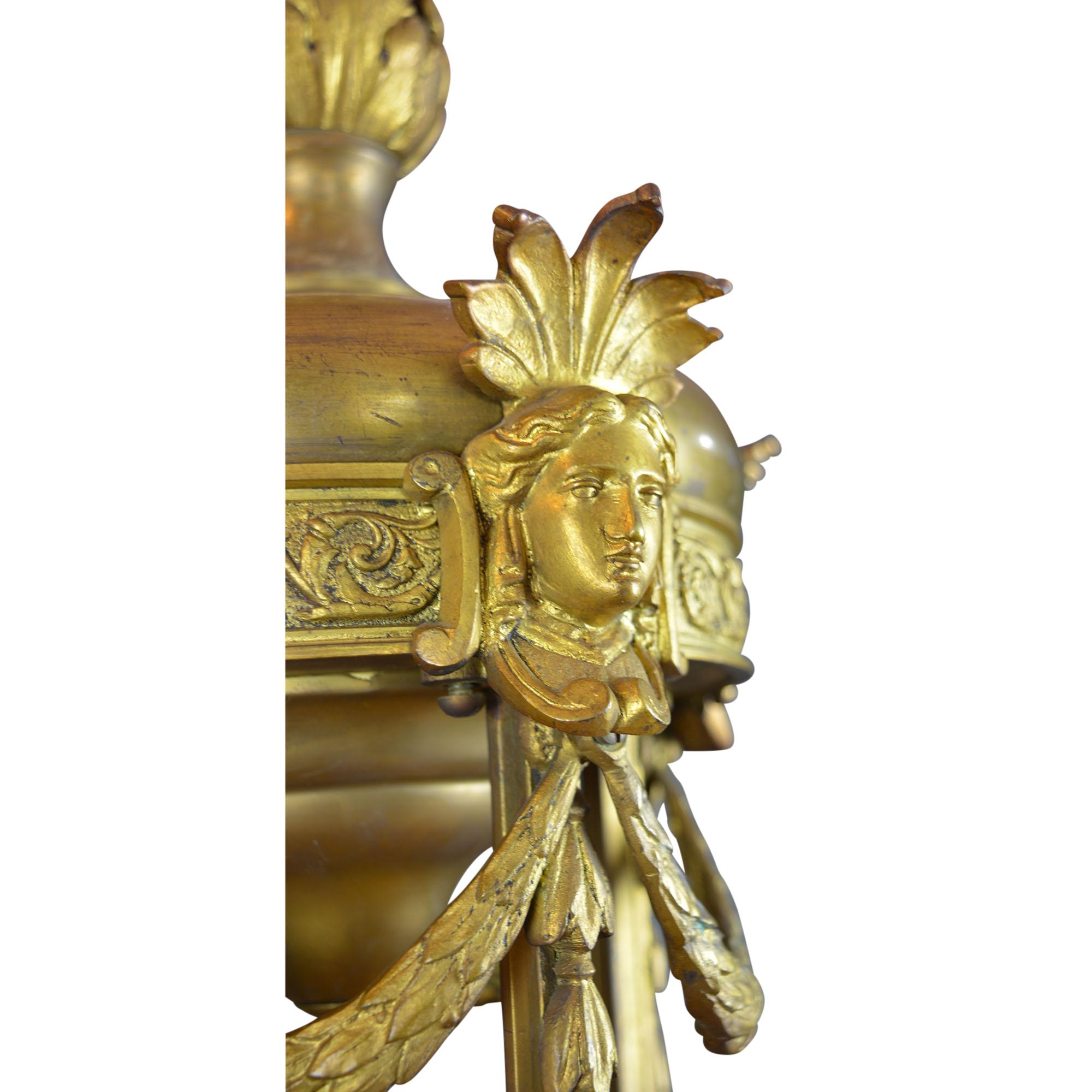 Antique Large Brass and Alabaster Center Cherub Pendant Chandelier 10-Light In Good Condition In Pataskala, OH