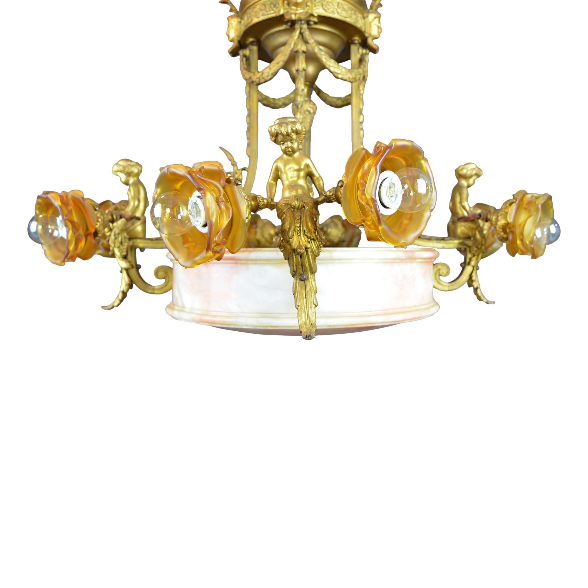 Antique Large Brass and Alabaster Center Cherub Pendant Chandelier 10-Light 1