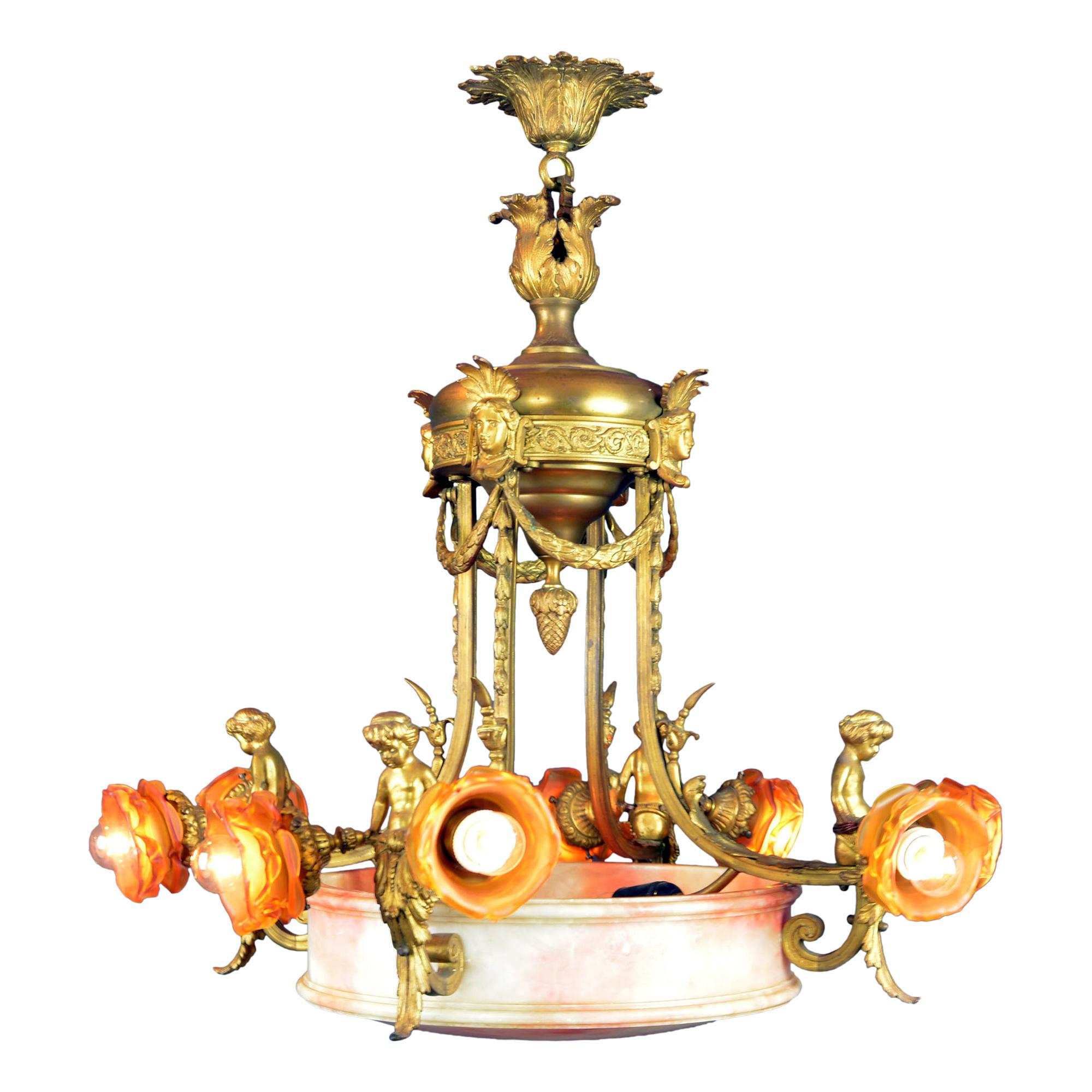 Antique Large Brass and Alabaster Center Cherub Pendant Chandelier 10-Light