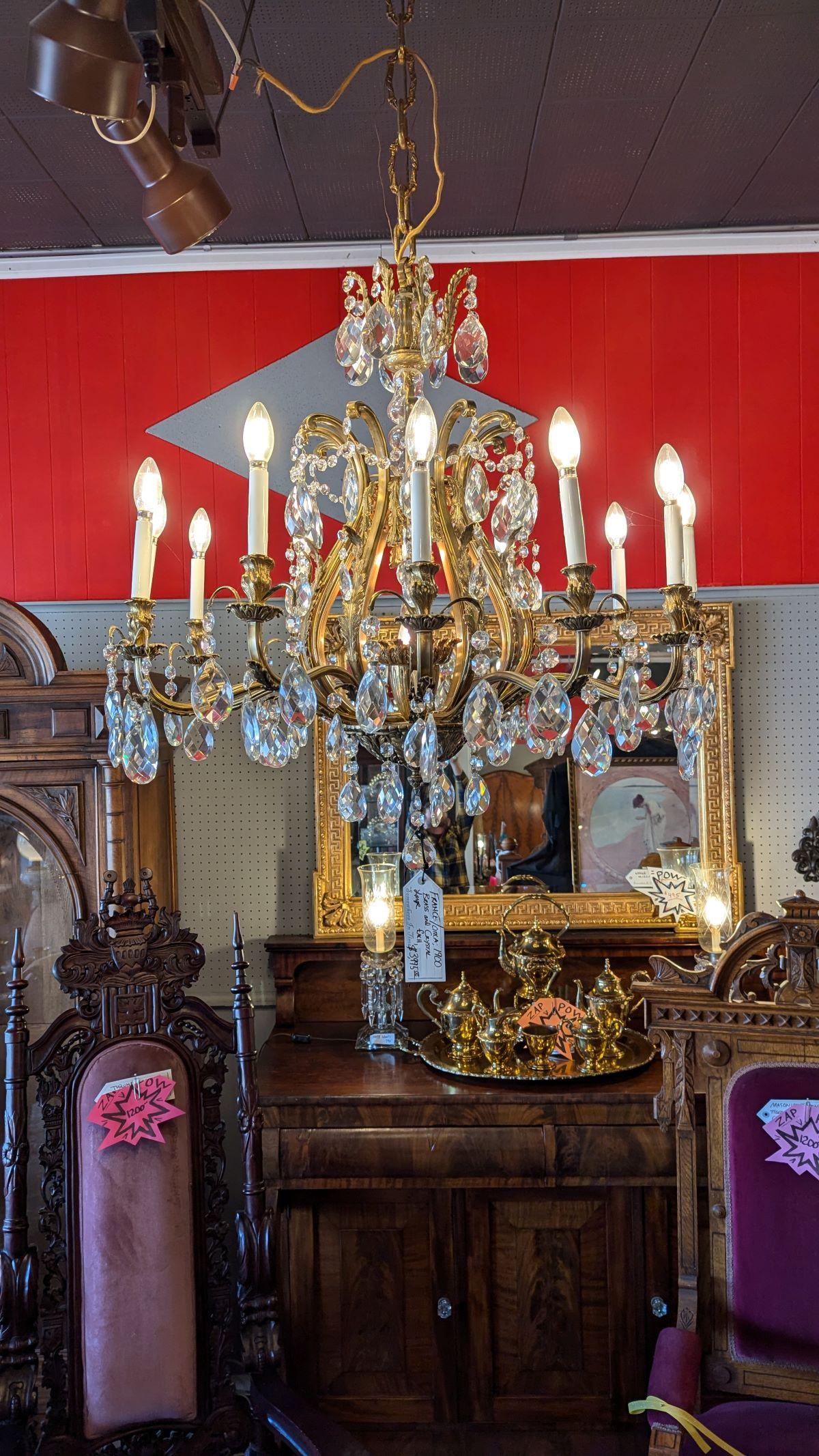 Large Brass Turn of the Century Chandelier from a Colorado mountain town courthouse, 35