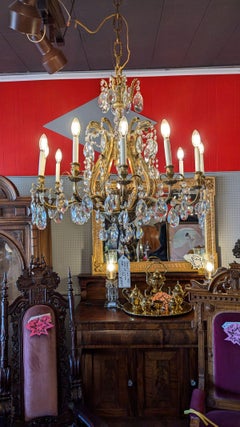 Antique Brass Chandelier, Baroque Style, Crystal Accents, USA