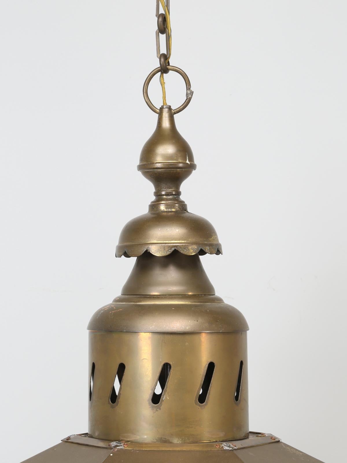 Country Antique Large Brass French or English Lantern, Fully Restored Old Glass For Sale