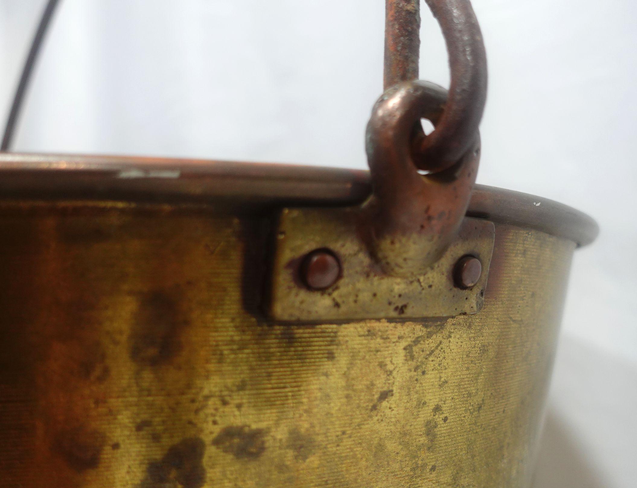 Antique Large Brass Handled Bucket and A Handled Brass Pot (13-CB3) In Good Condition For Sale In Norton, MA
