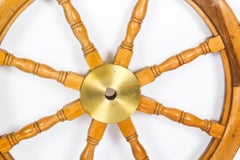 Antique Large Brass Set Eight Spoke Mahogany Ships Wheel, 19th Century