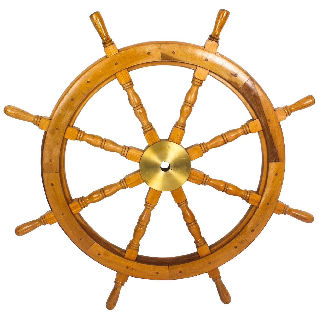 Antique Large Brass Set Eight Spoke Mahogany Ships Wheel, 19th Century