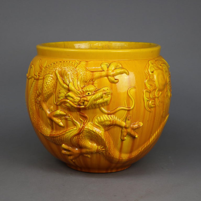 Aesthetic Movement Antique & Large Bretby English Pottery Embossed Asian Dragon Jardiniere, c1900