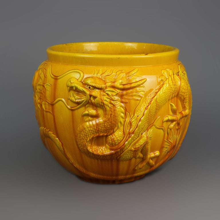 Antique & Large Bretby English Pottery Embossed Asian Dragon Jardiniere, c1900 In Good Condition In Big Flats, NY