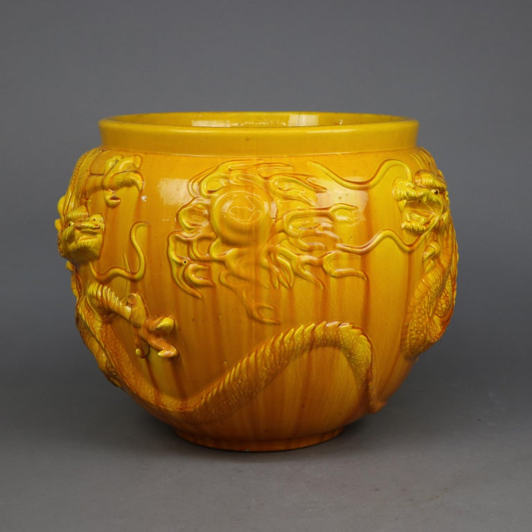 20th Century Antique & Large Bretby English Pottery Embossed Asian Dragon Jardiniere, c1900
