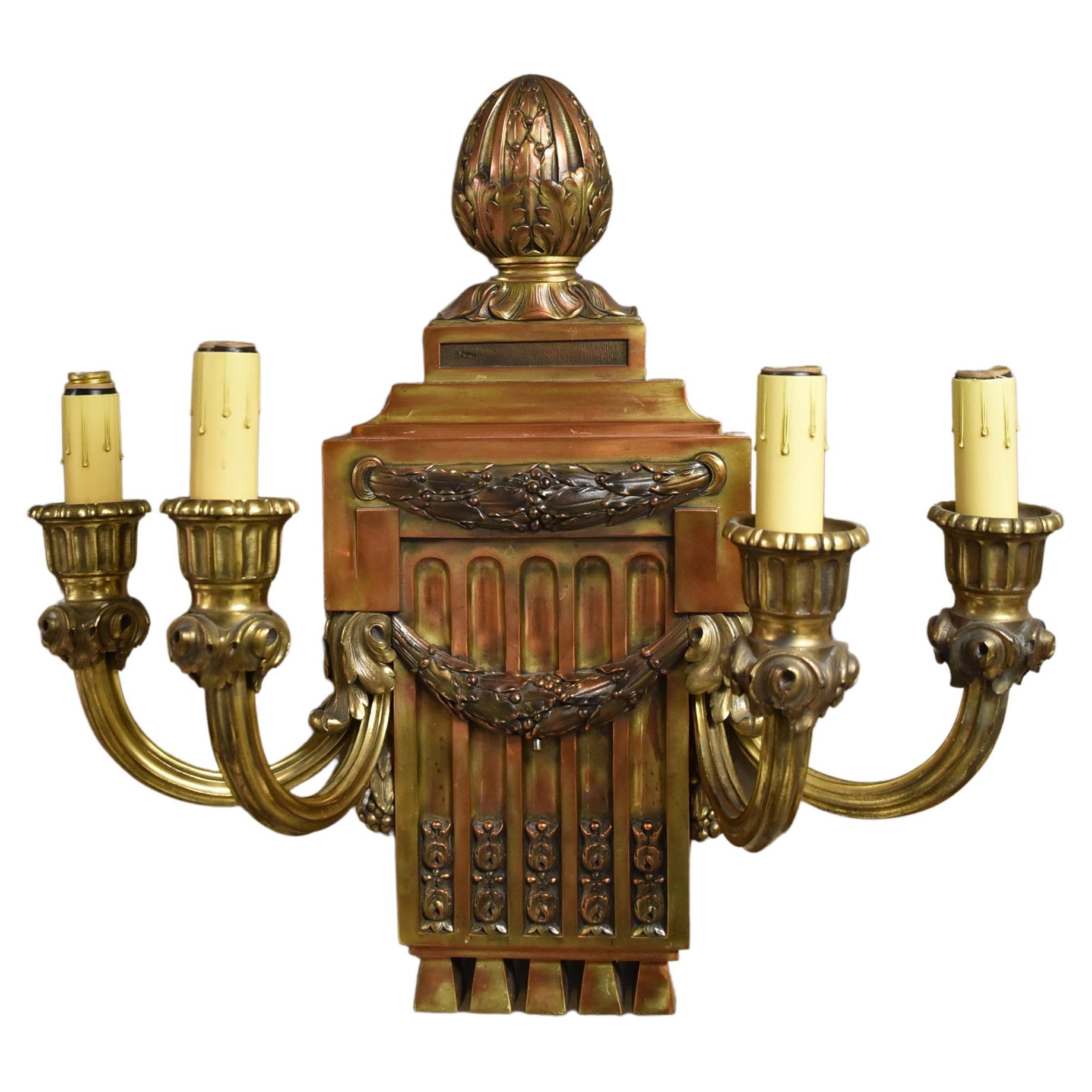 Antique vintage large brass double arm stamped brass candle socket sconce light fixture rewired