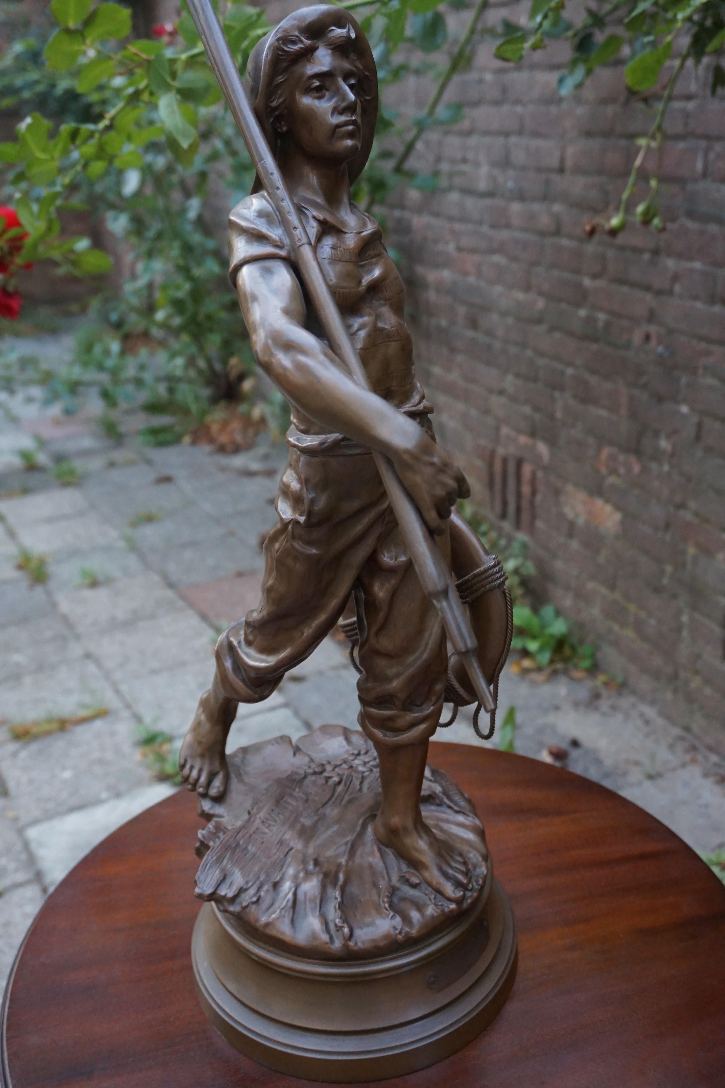 Antique Large, Bronze & Stout-Hearted Young Oarsman Sculpture by Antoine Bofill 12