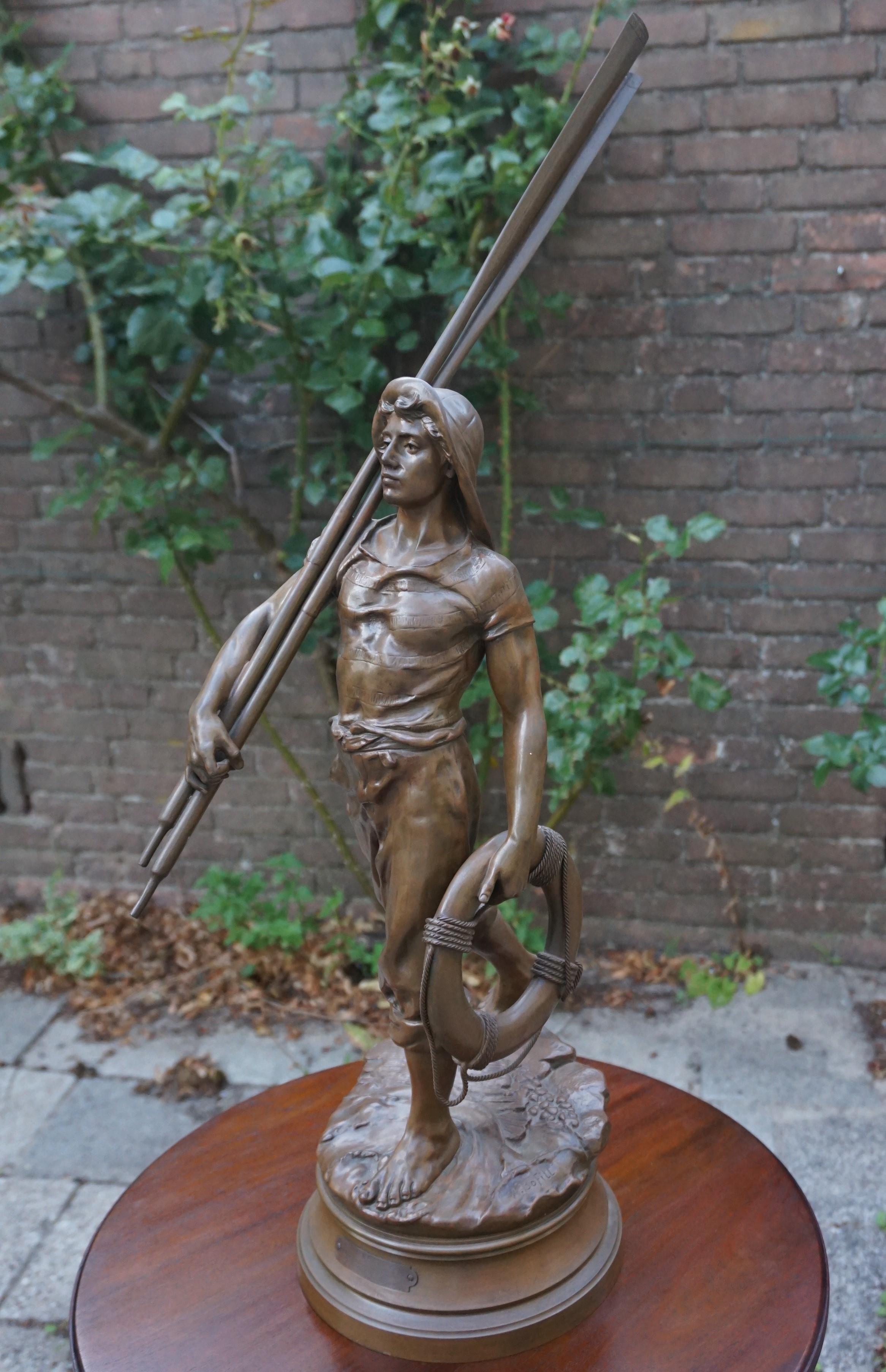 Antique Large, Bronze & Stout-Hearted Young Oarsman Sculpture by Antoine Bofill 14